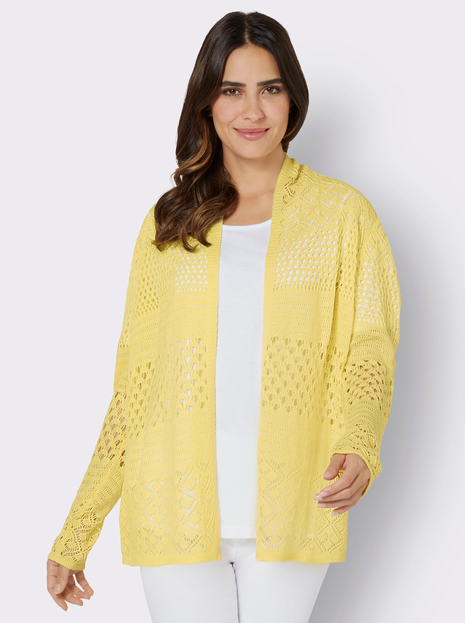 Hålstickad kofta i lång, öppen modell - citron