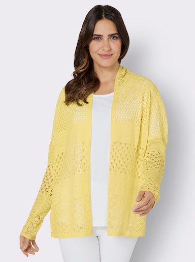 Ajourstrickjacke in langer, offener Form - zitrone