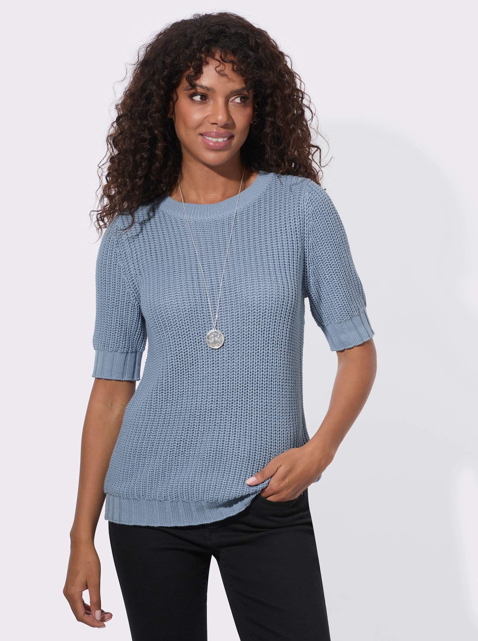 Kurzarmpullover mit Strickmuster - bleu