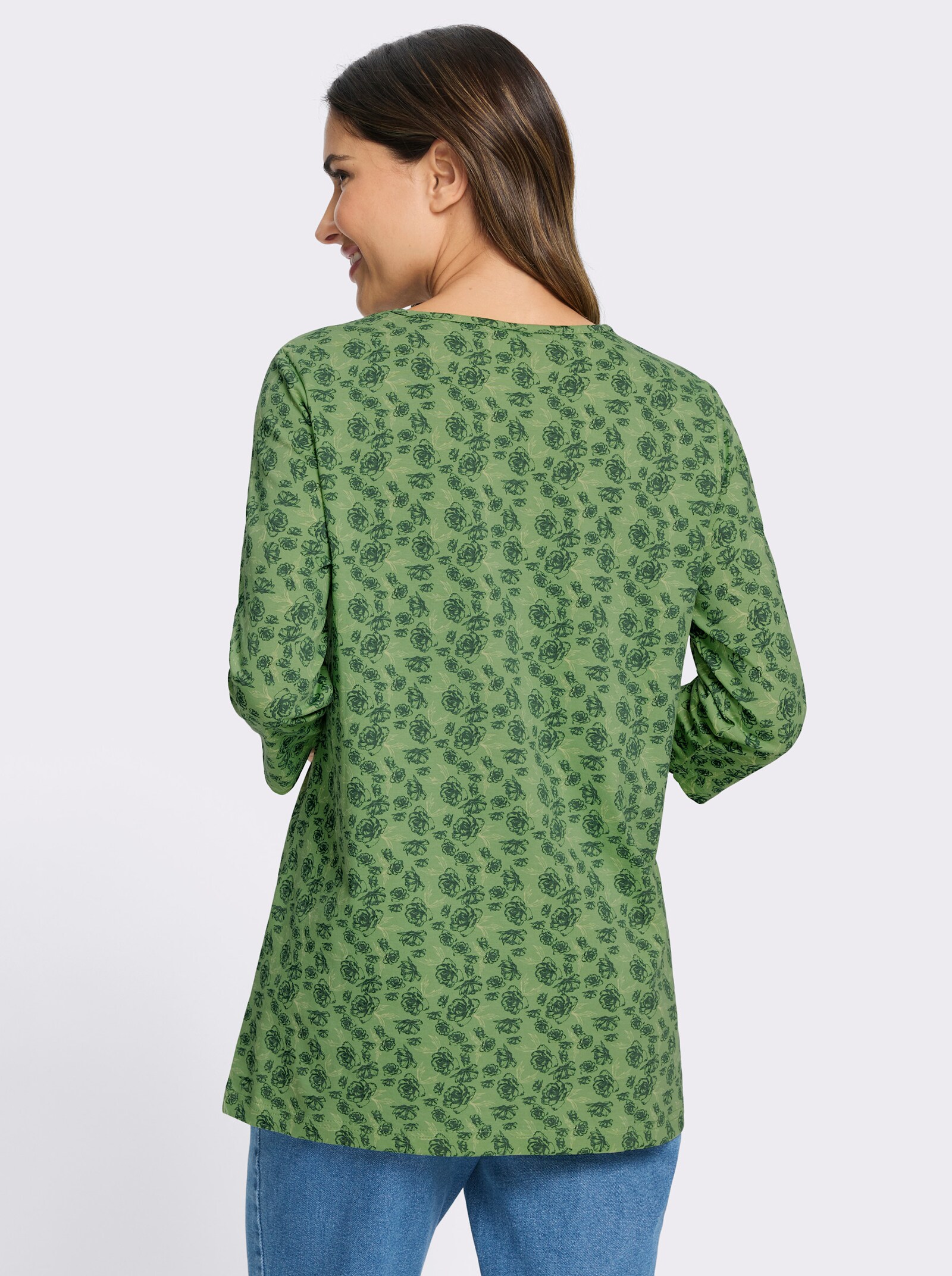 Longshirt mit Tropfen-Ausschnitt - eucalyptus-moos-bedruckt