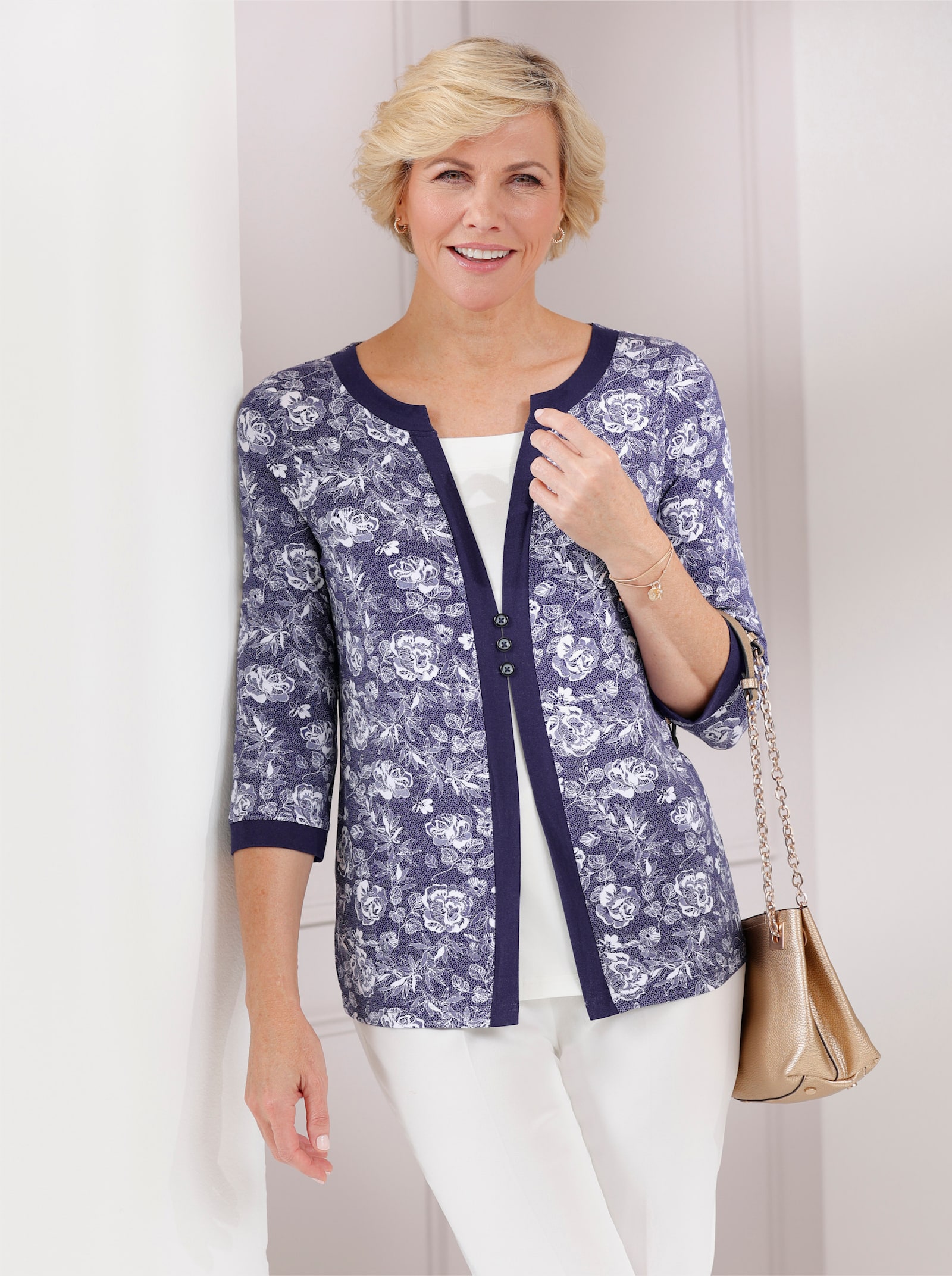 2-in-1-shirt in bloemdessin - marine/ecru geprint