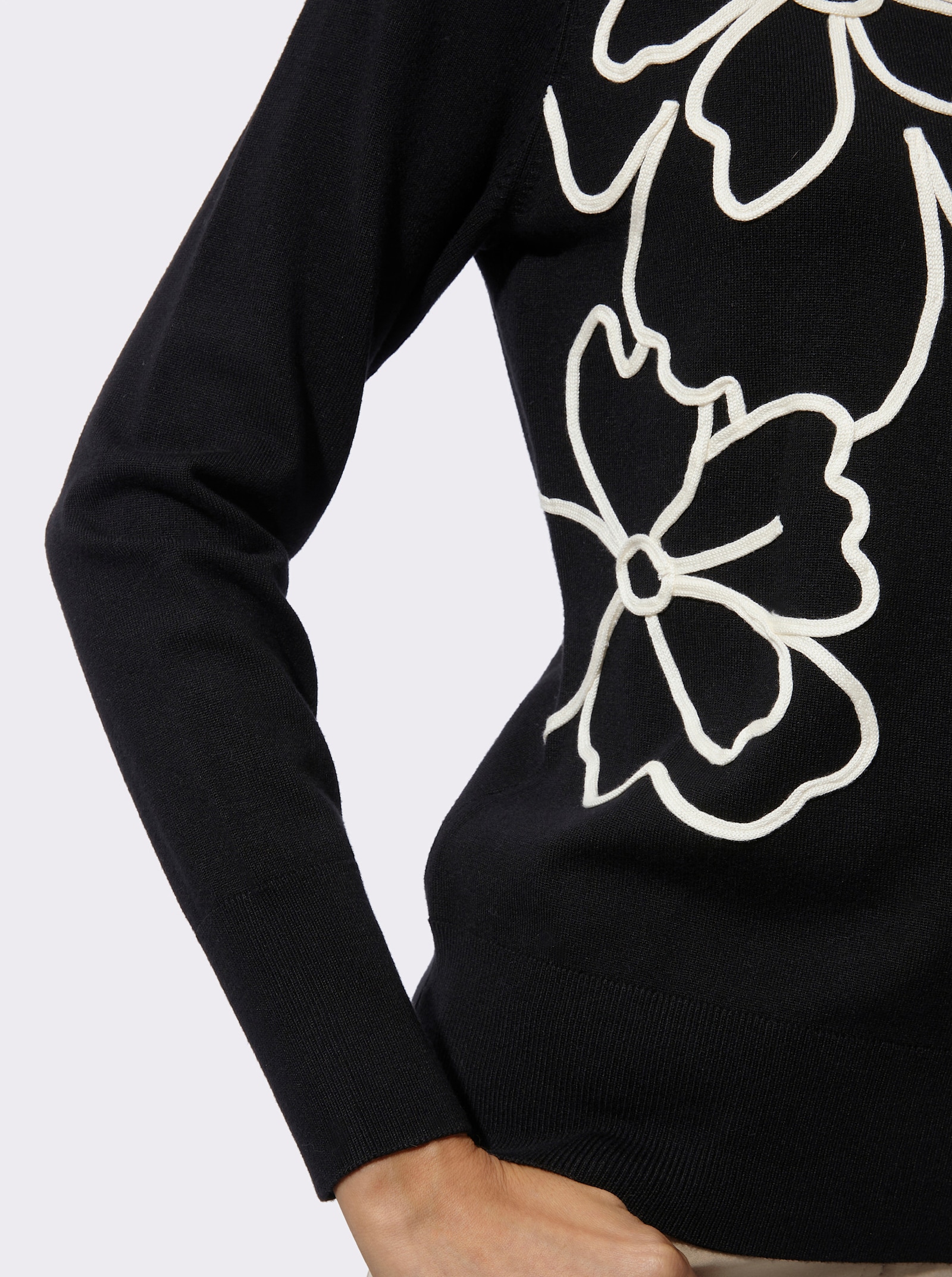 Langarm-Pullover mit platziertem Blumenmotiv - schwarz