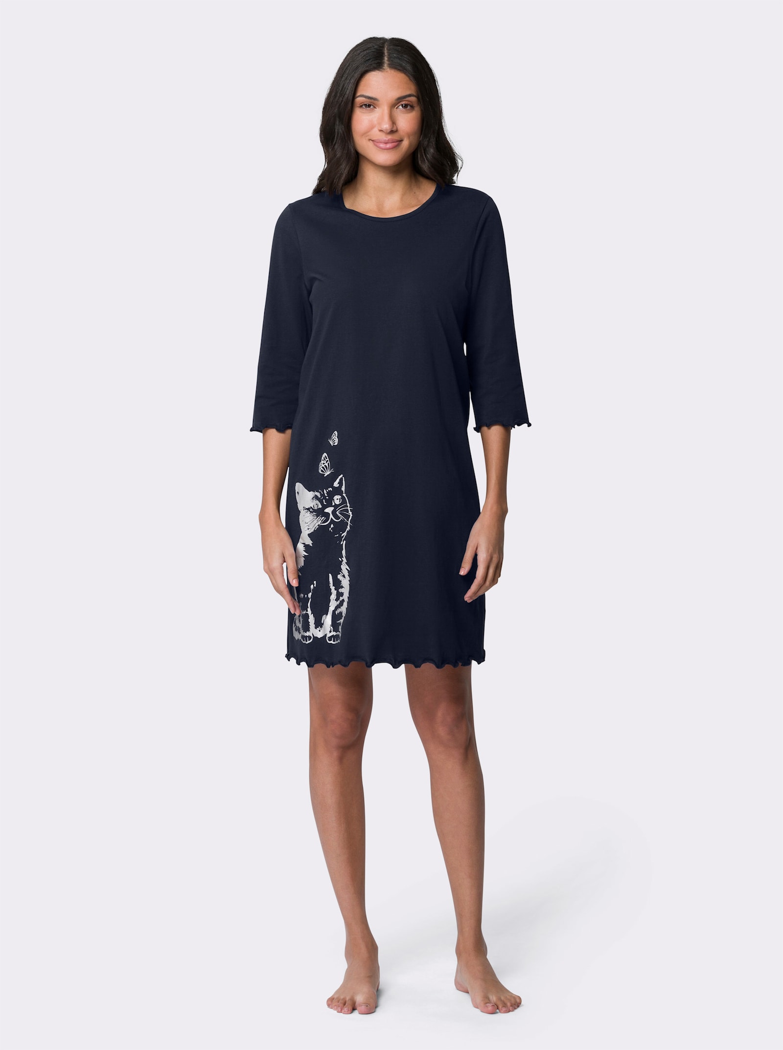 Nachthemd mit Katzen-Druck-Motiv - marine
