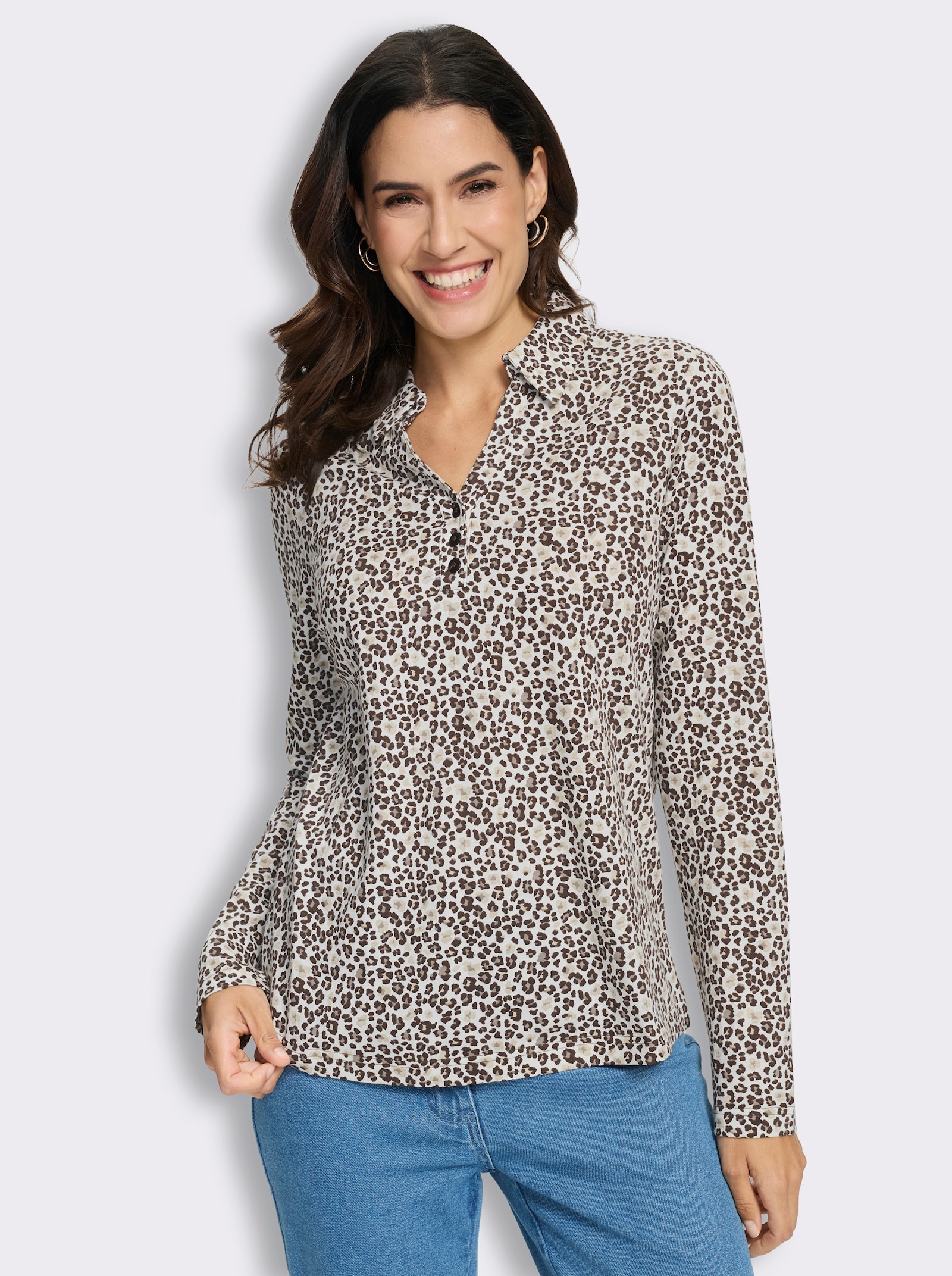 Print-Shirt mit offenem Hemdkragen - schoko-sand-bedruckt