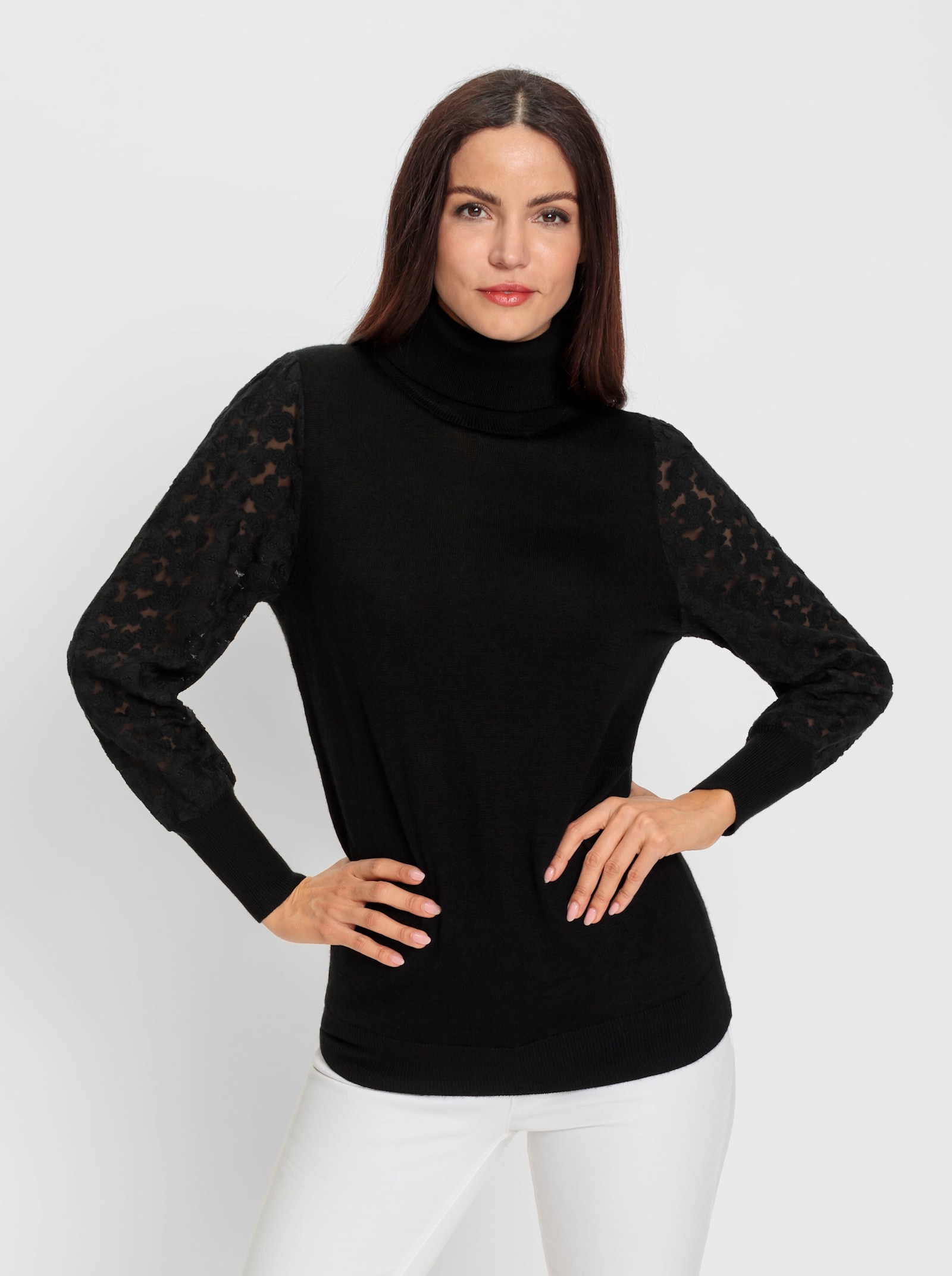 heine Rollkragenpullover mit Spitzen-Ärmeln - schwarz