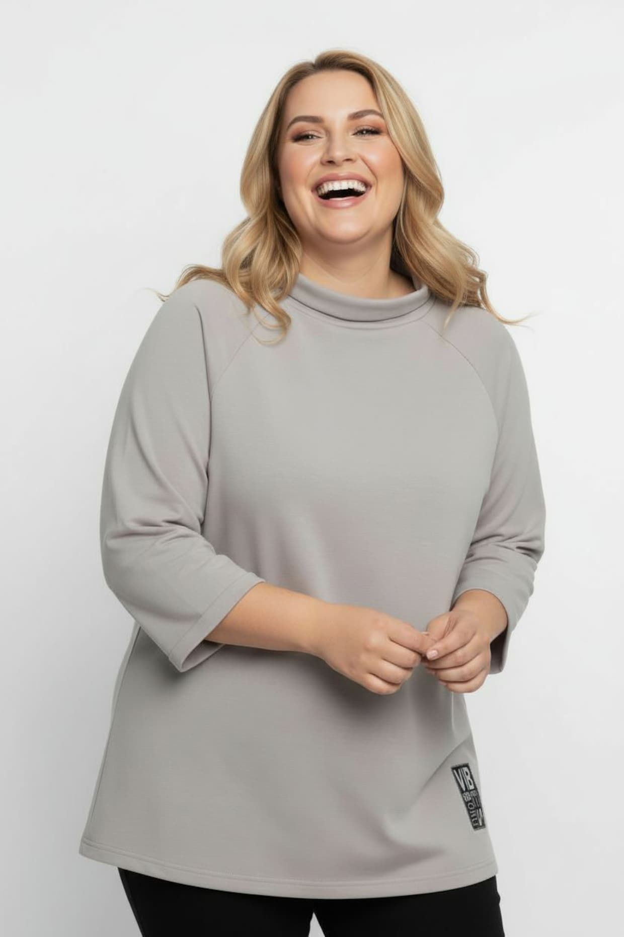 3/4-Arm-Shirt mit halsfernem Rollkragen - hellgrau