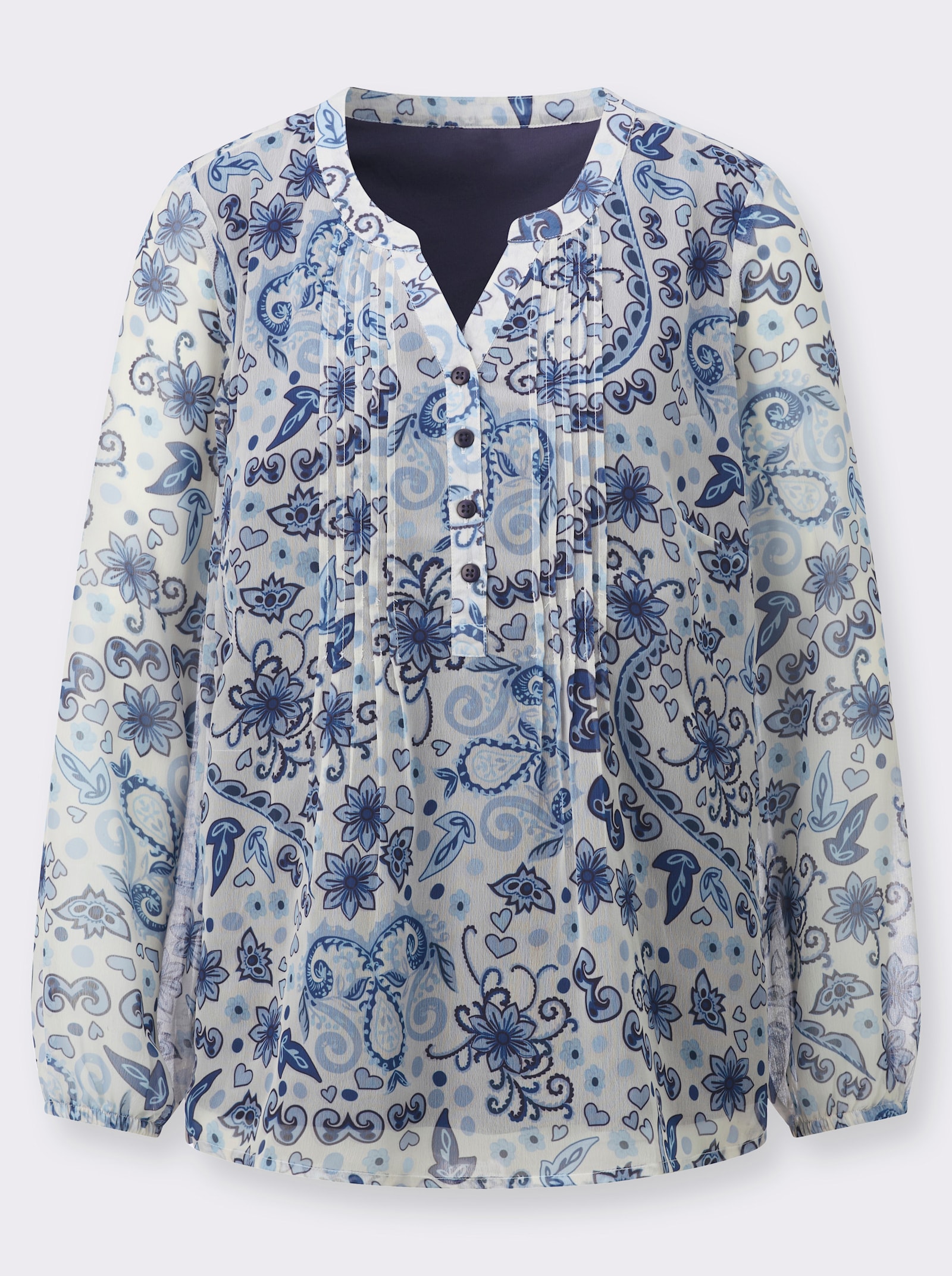 Schlupfbluse mit transparenten Ärmeln - champagner-royalblau-bedruckt