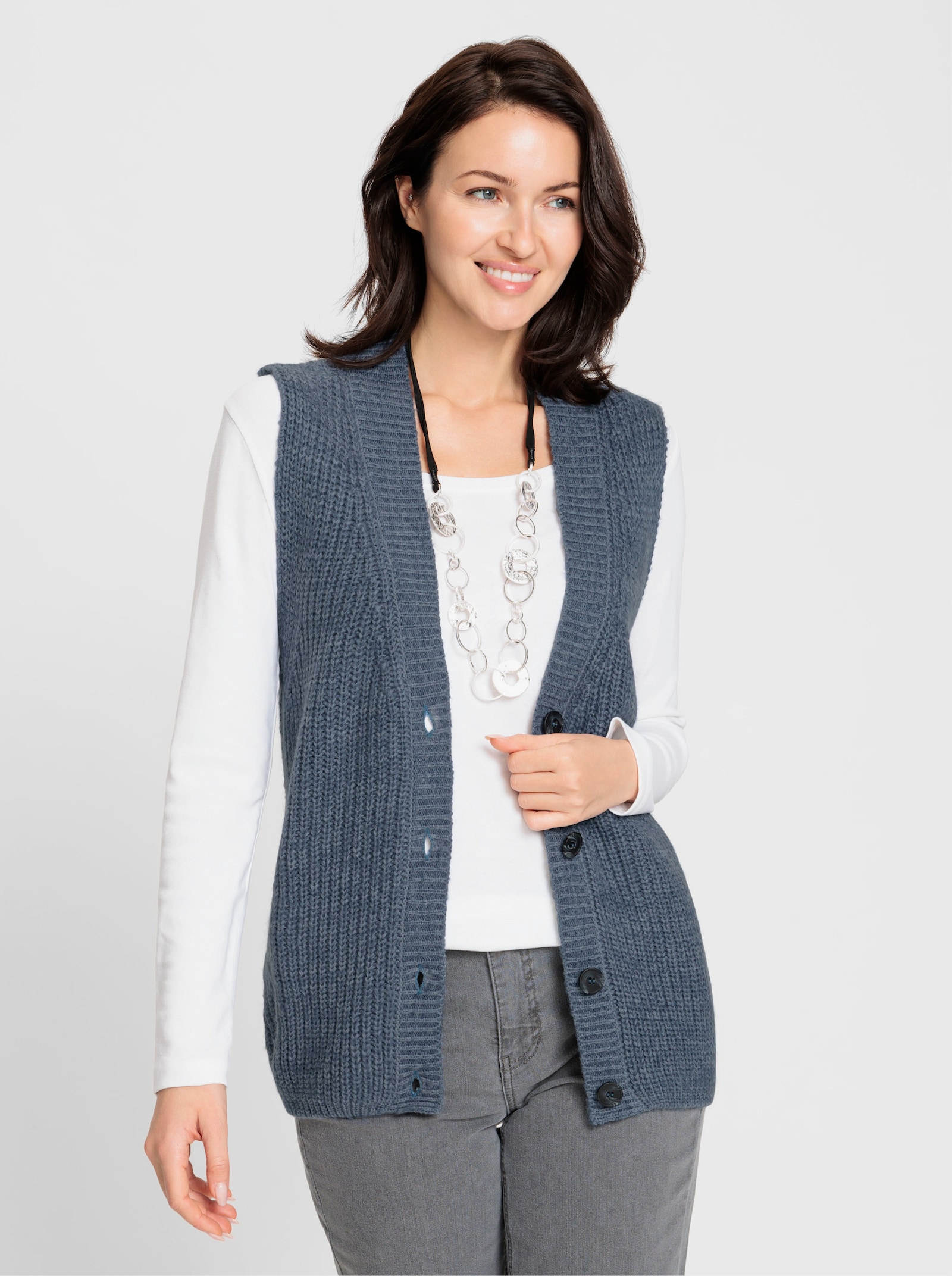 Strickweste mit Knöpfen in Holzoptik - rauchblau