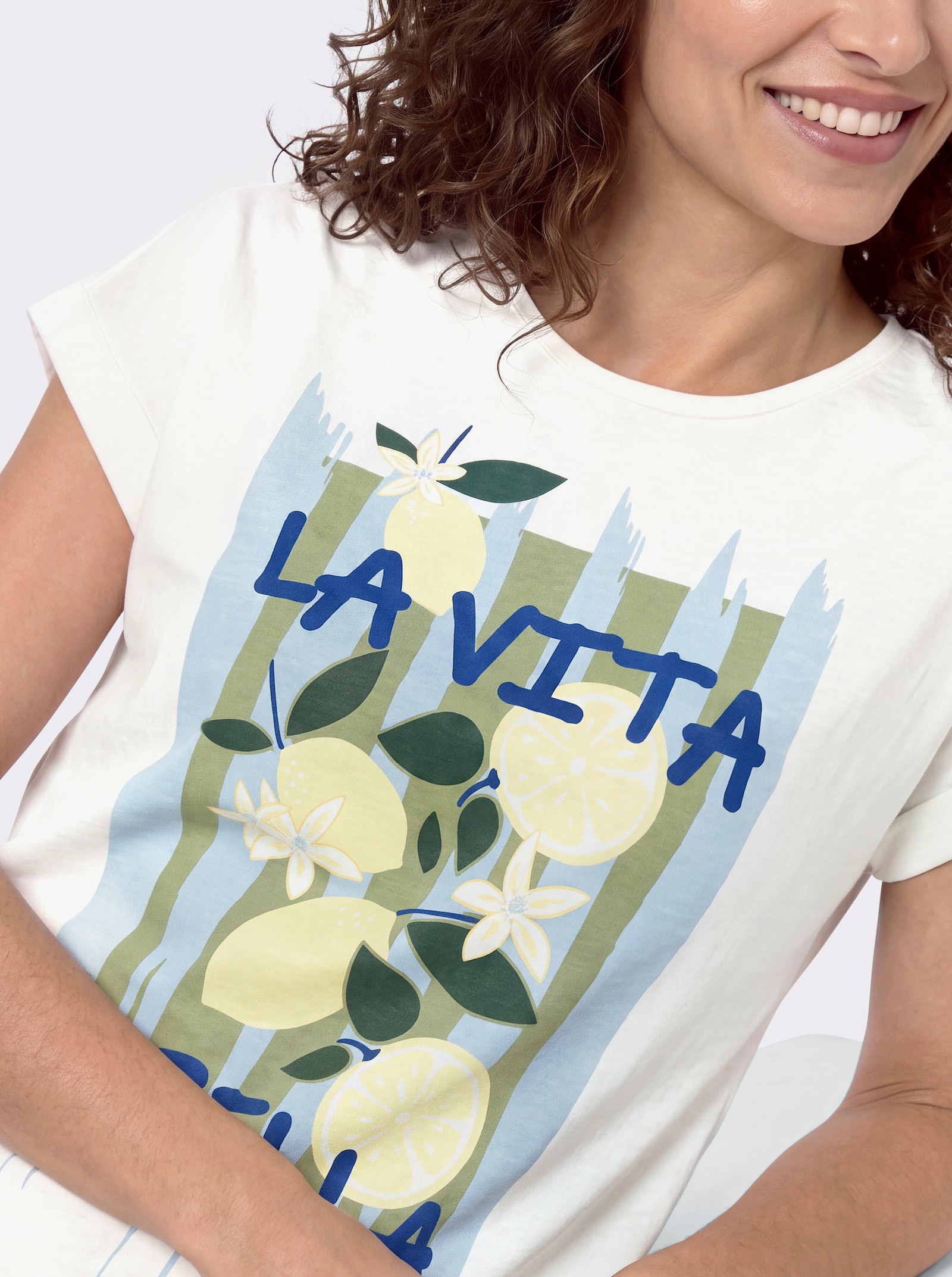 Shirt mit überschnittenen Schultern - ecru-royalblau-bedruckt