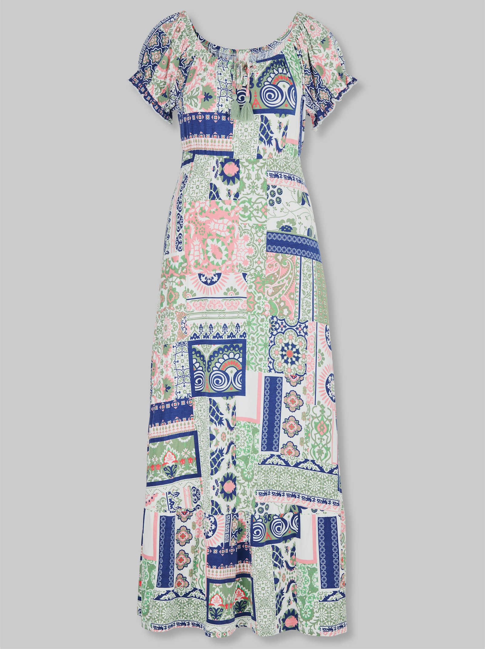 heine Druckkleid mit Carmen-Ausschnitt - eucalyptus-royalblau-bedruckt