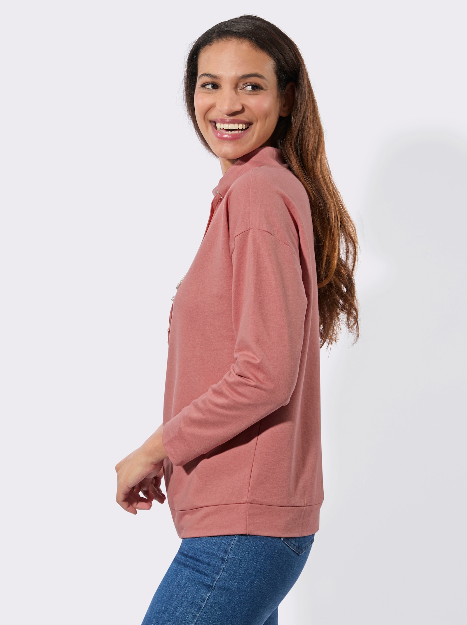 Sweatshirt mit genieteten Zierperlen - rosenholz