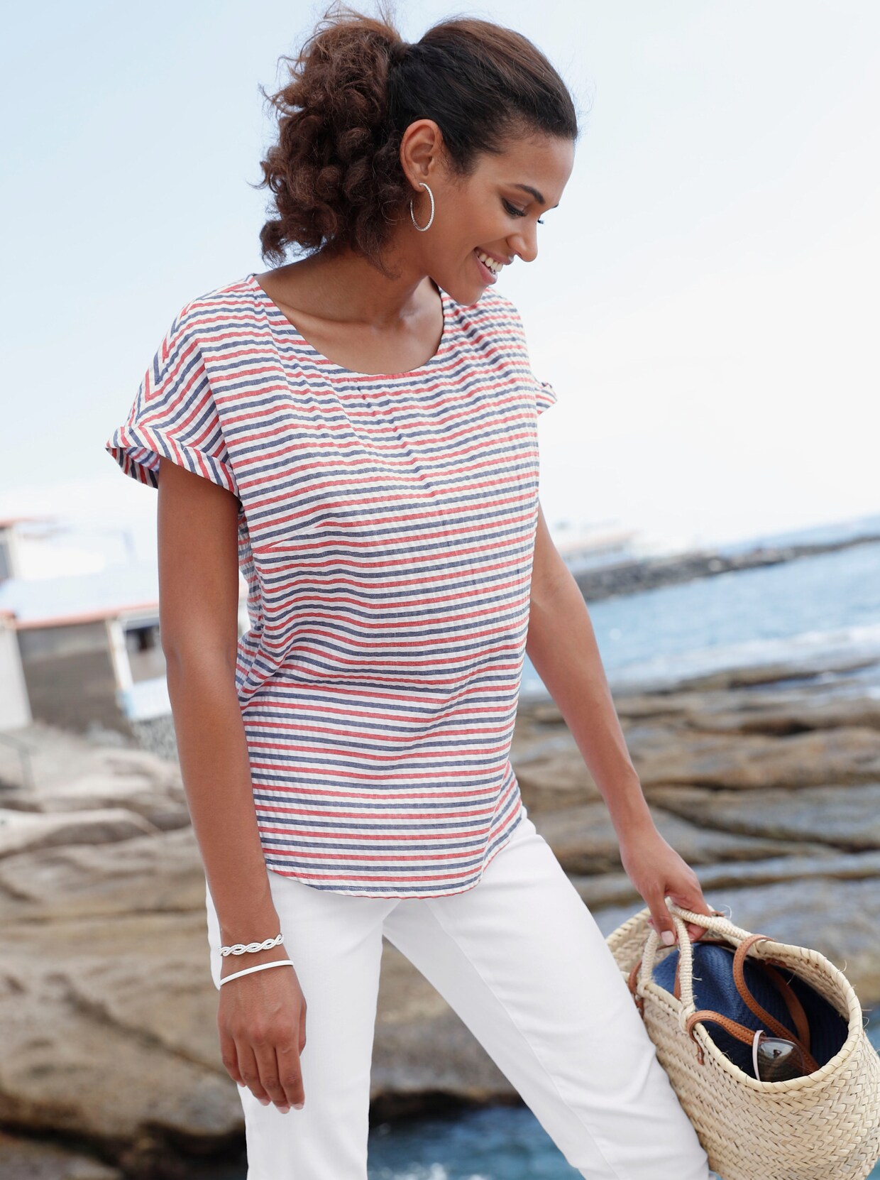 Crinklebluse - koralle-marine-gestreift