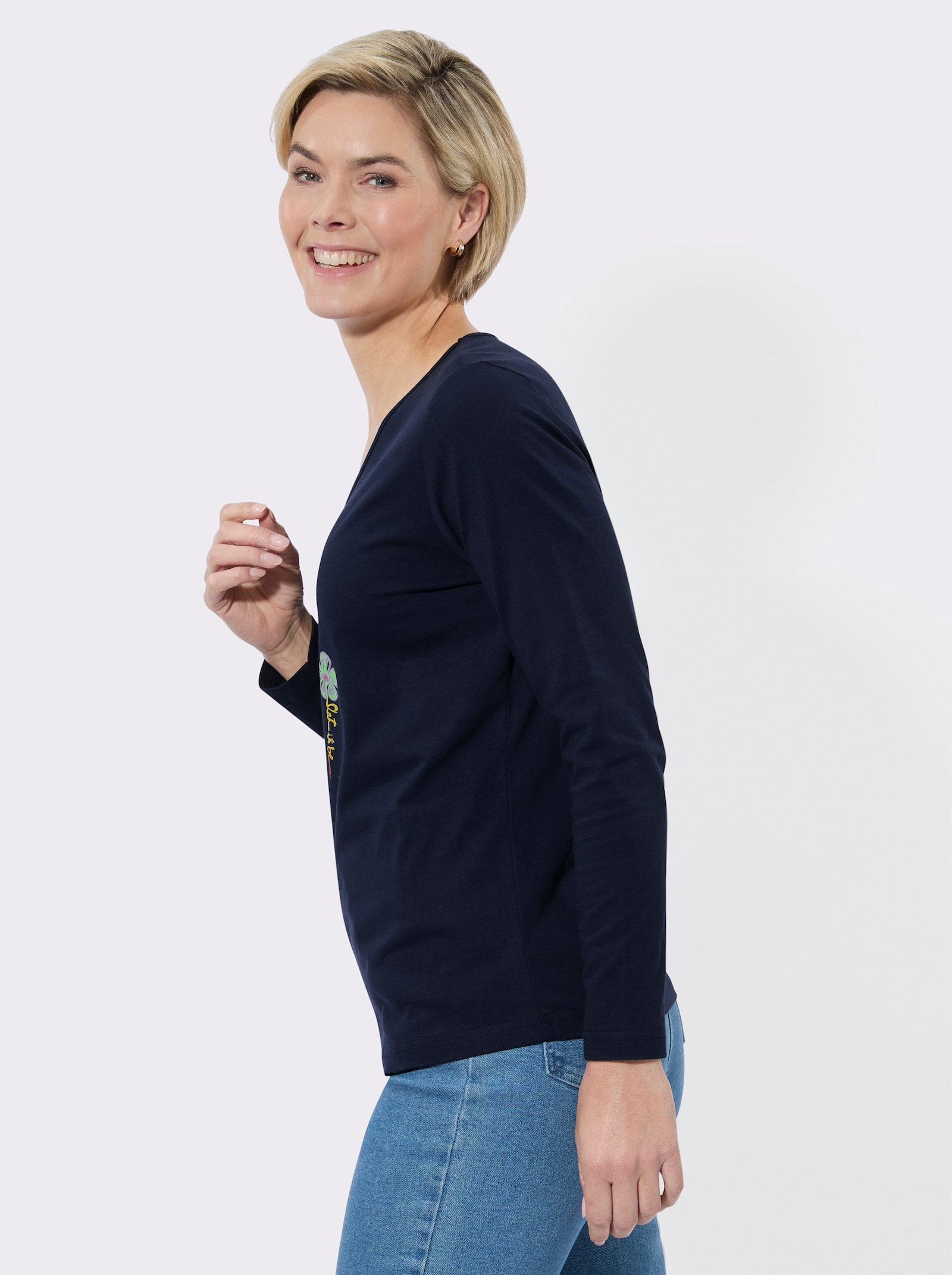 V-Shirt mit floralem Druck - marine