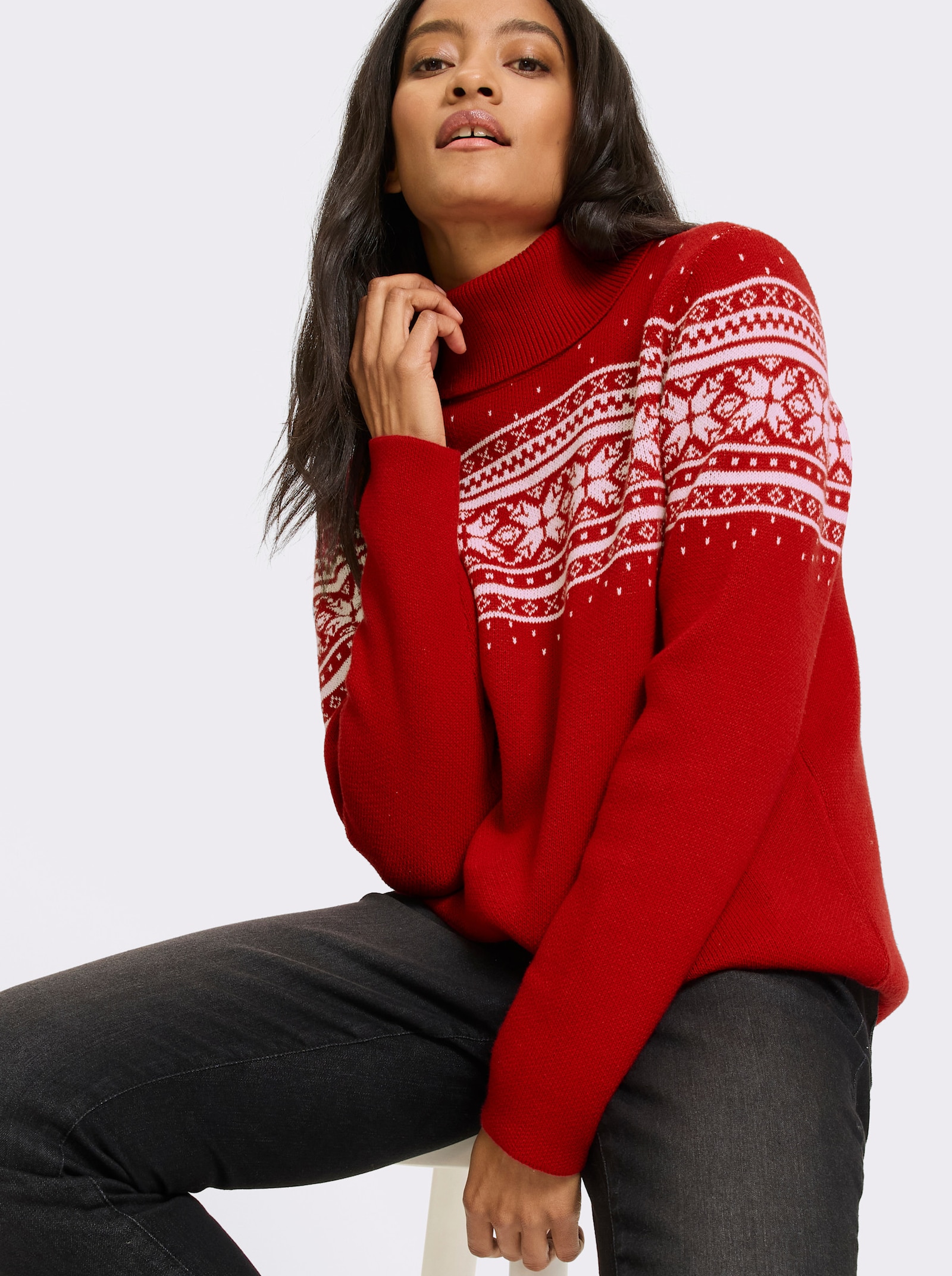 heine Jacquard-Pullover mit Norweger-Muster - rot-ecru-gemustert