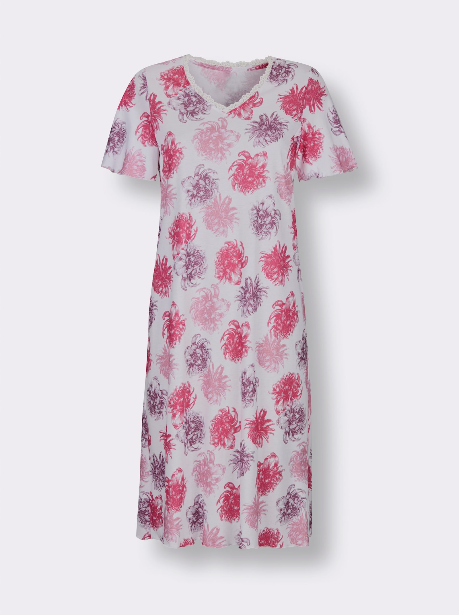 wäschepur Kurzarm-Sleepshirt mit Spitze am V-Ausschnitt - weiß-fuchsia-bedruckt