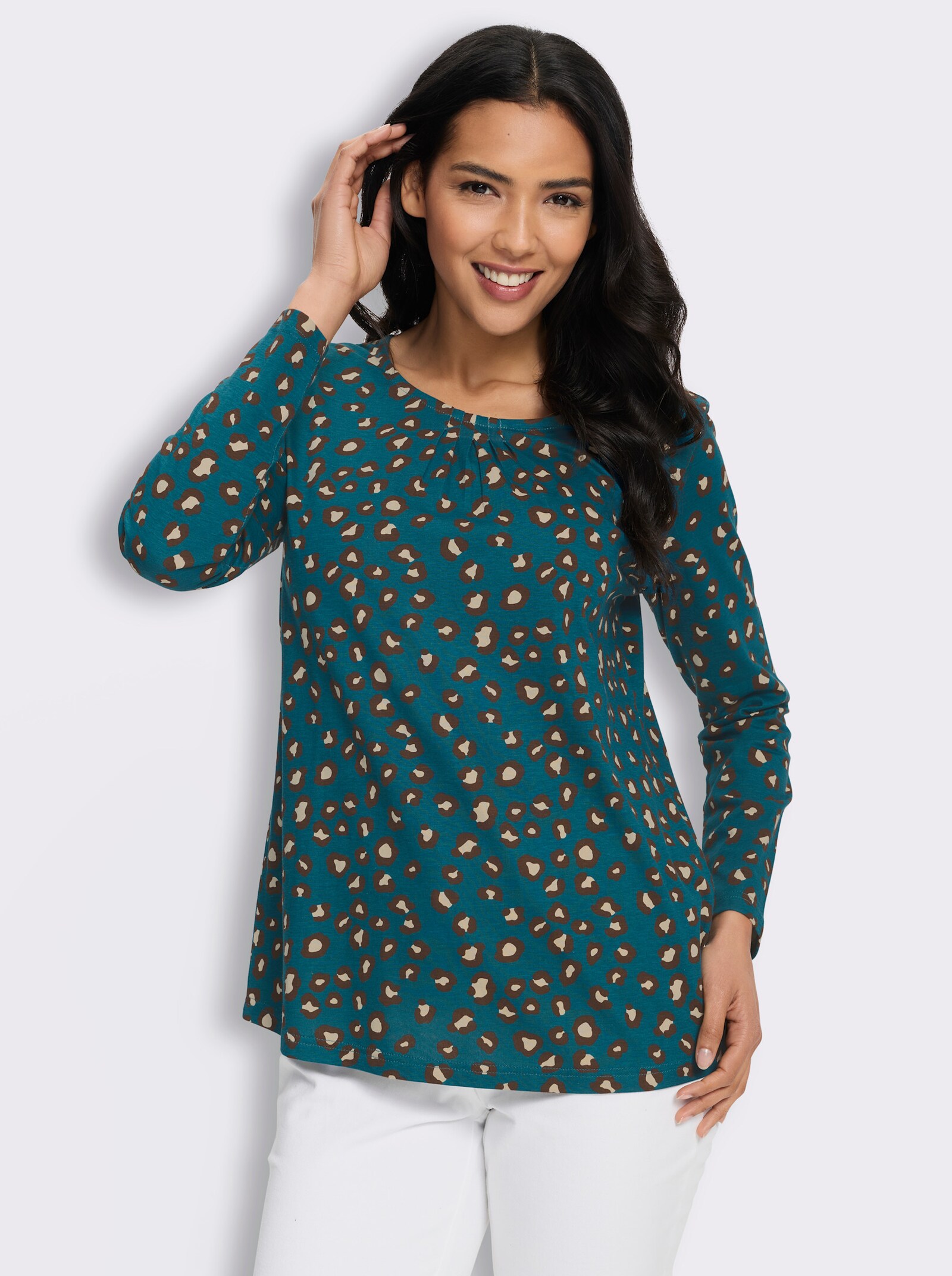 Langarmshirt mit Animalmuster - aquapetrol-schoko-bedruckt