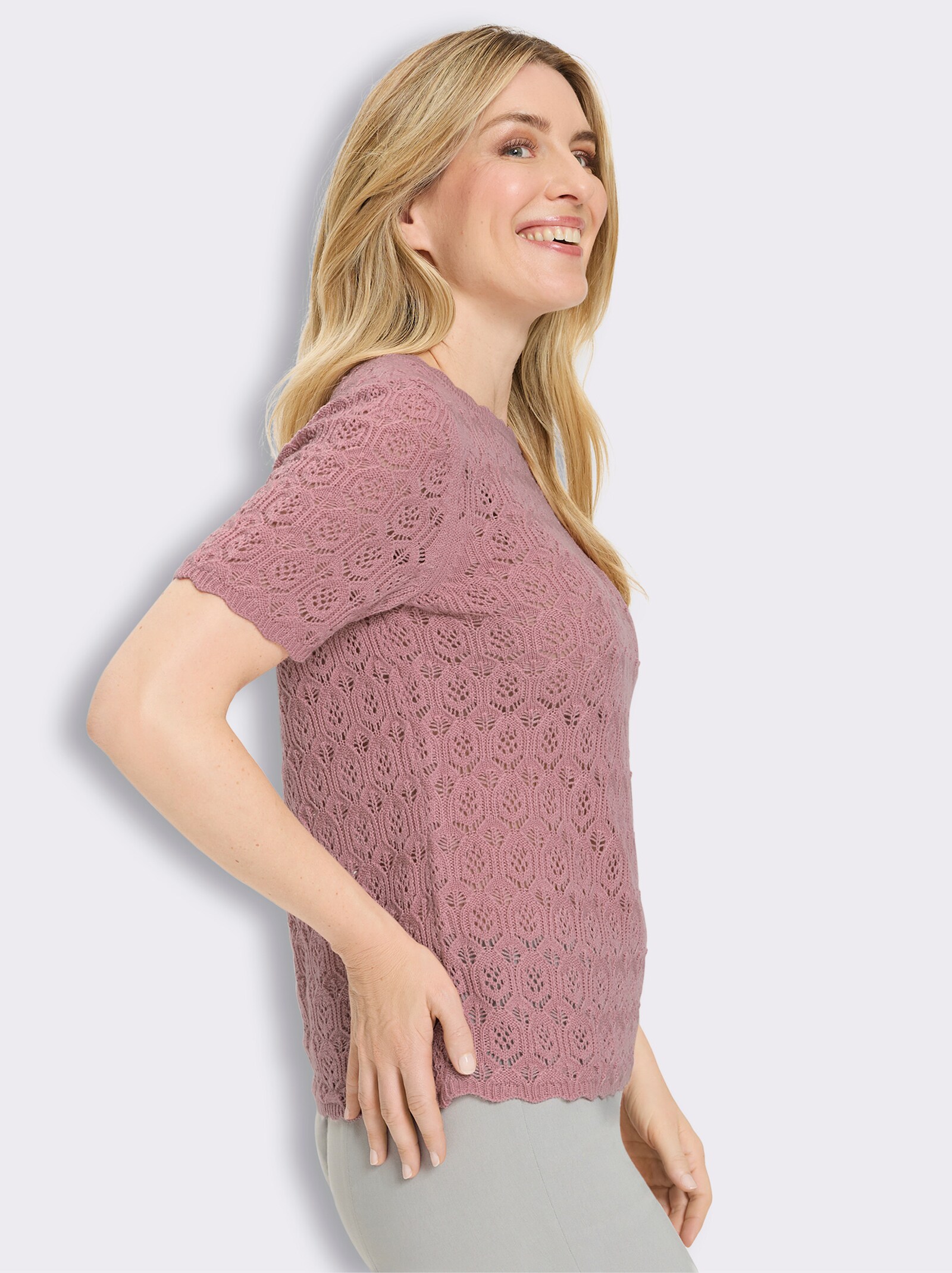 Ajourpullover mit gewellten Abschlüssen - hortensie