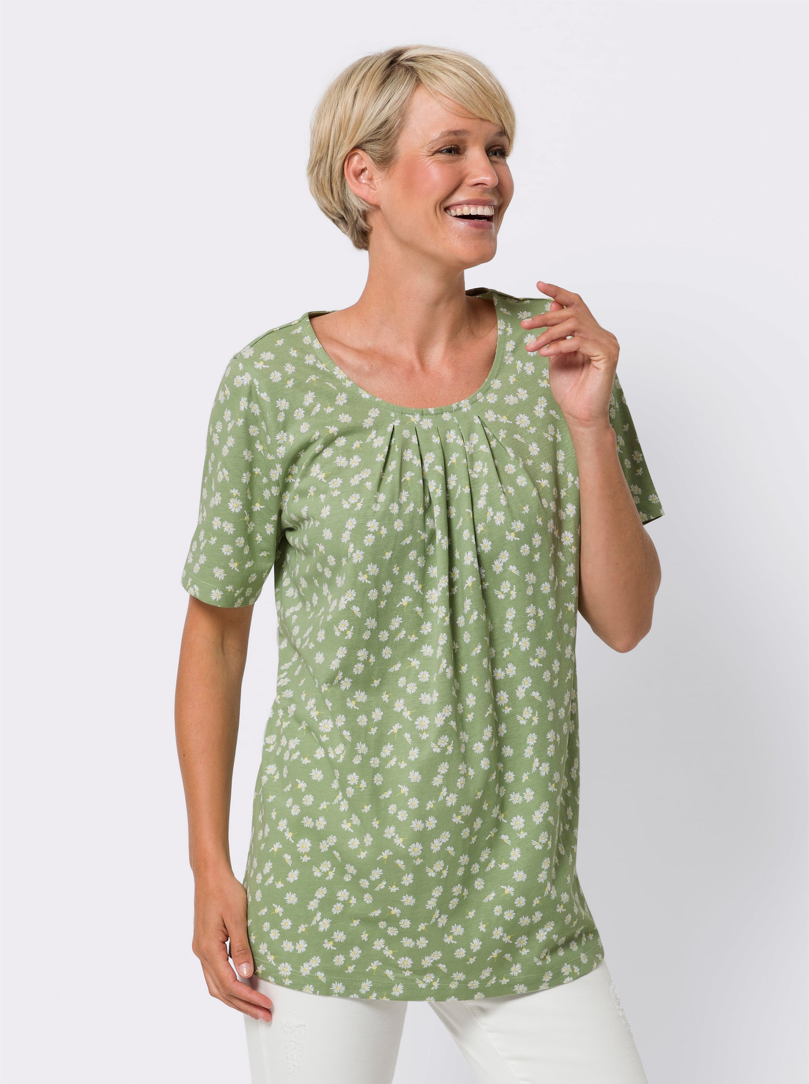 Longshirt mit floralem Druck - eucalyptus-weiss-bedruckt