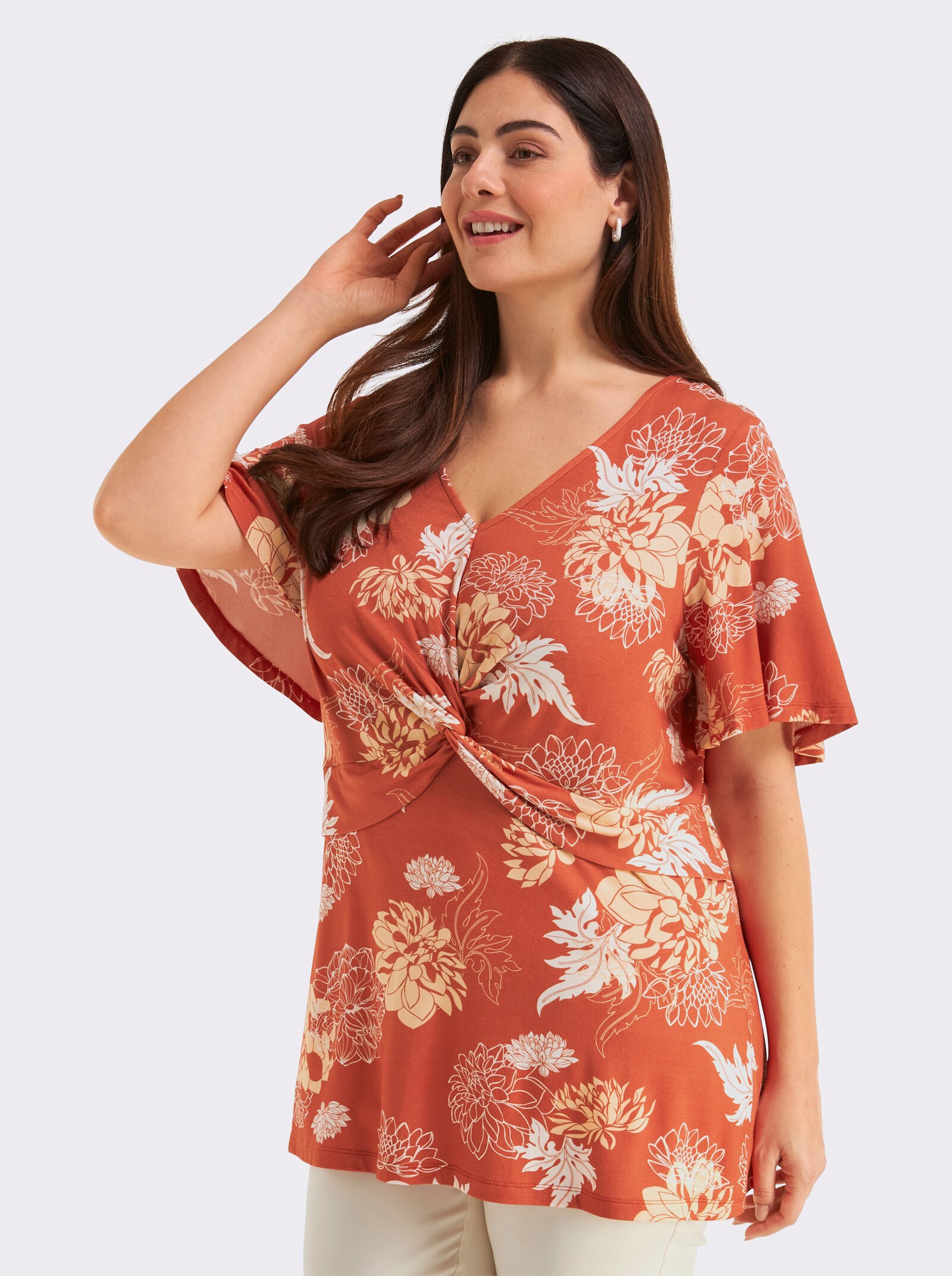 sheego Shirt mit raffiniertem Knotendetail - terra-vanille-bedruckt