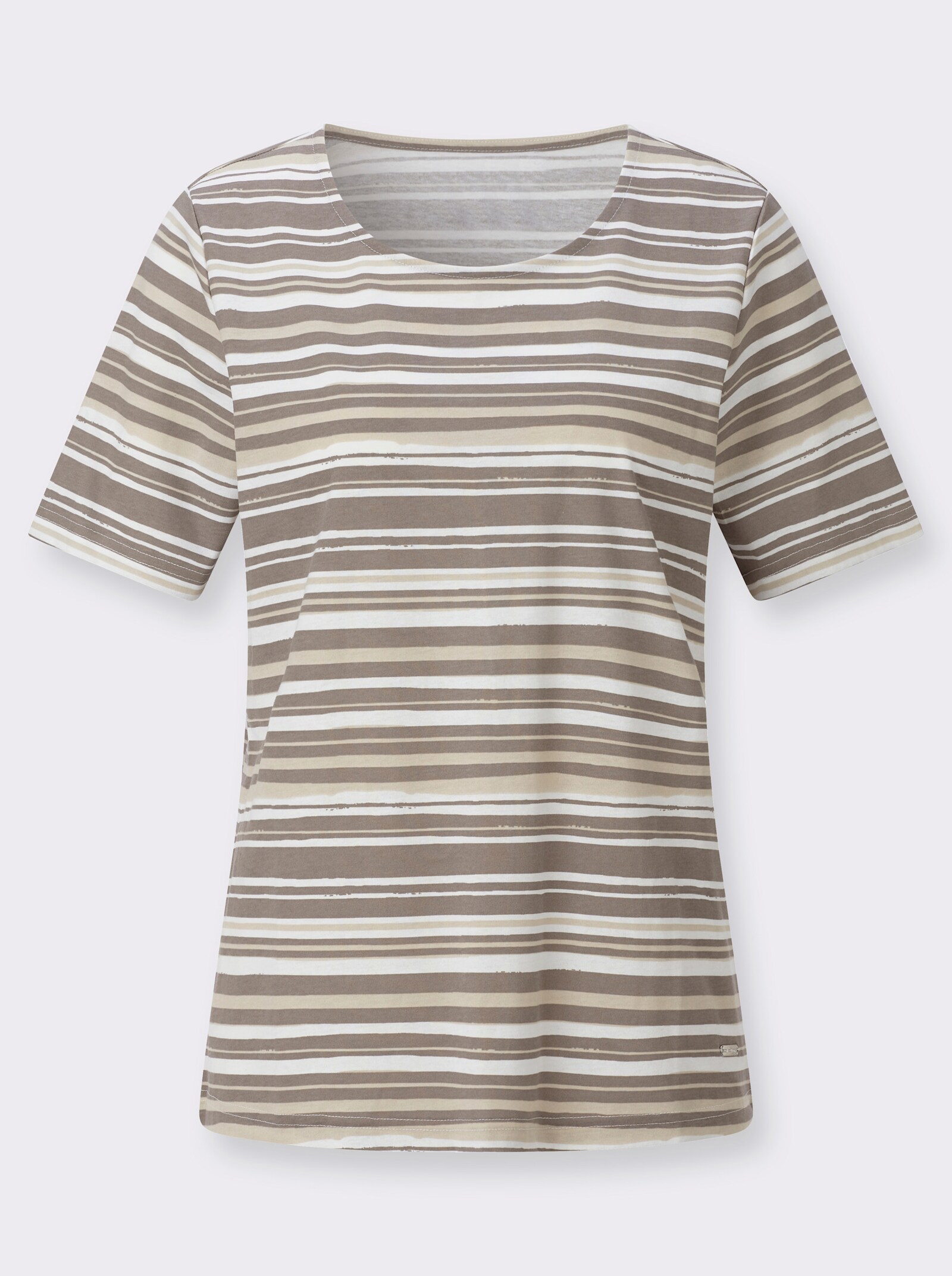 Kurzarmshirt im Ringel-Dessin - taupe-ecru-bedruckt