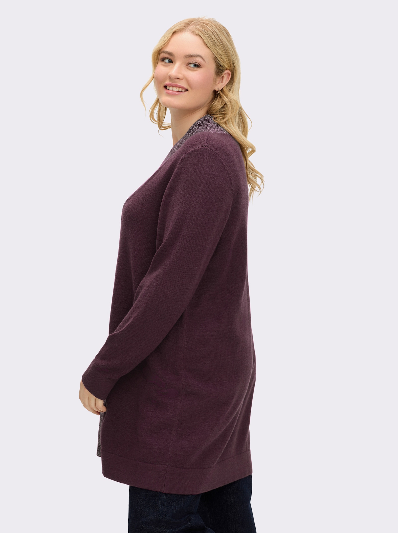 sheego Longpullover mit hohem Schlitz und Glitzerblende - burgund-flieder-meliert