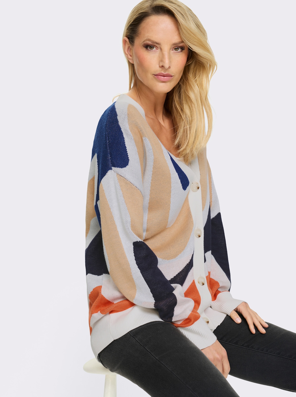 heine Jacquardstrickjacke - ecru-marine-gemustert