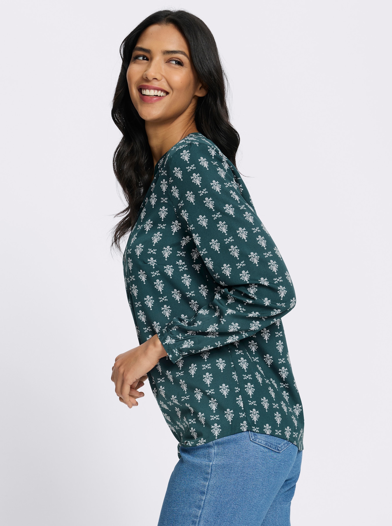 Schlupfbluse mit kurzer Knopfleiste - petrol-ecru-bedruckt