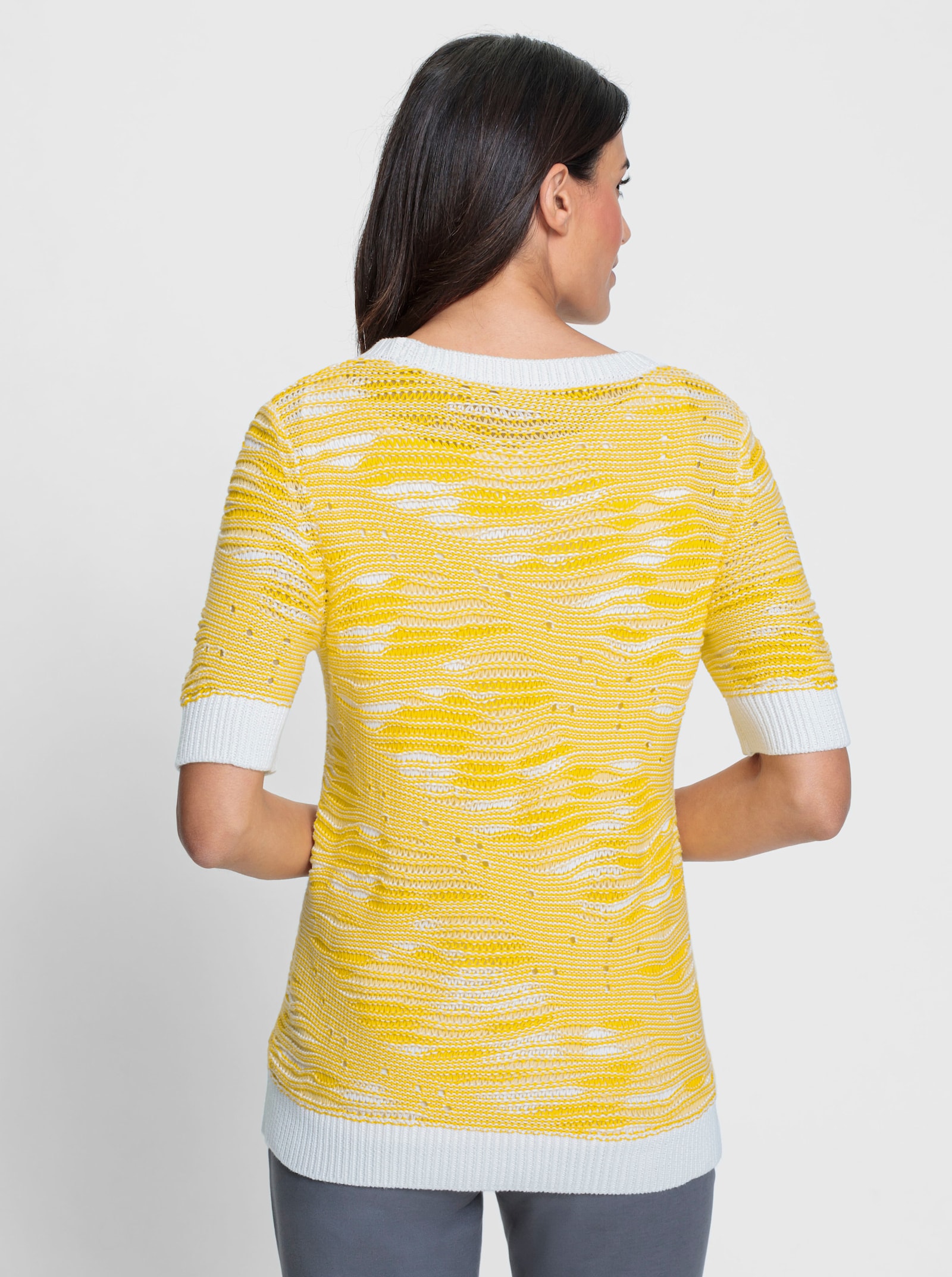 Kurzarmpullover in Jacquard-Strick - zitrone-weiß-gemustert