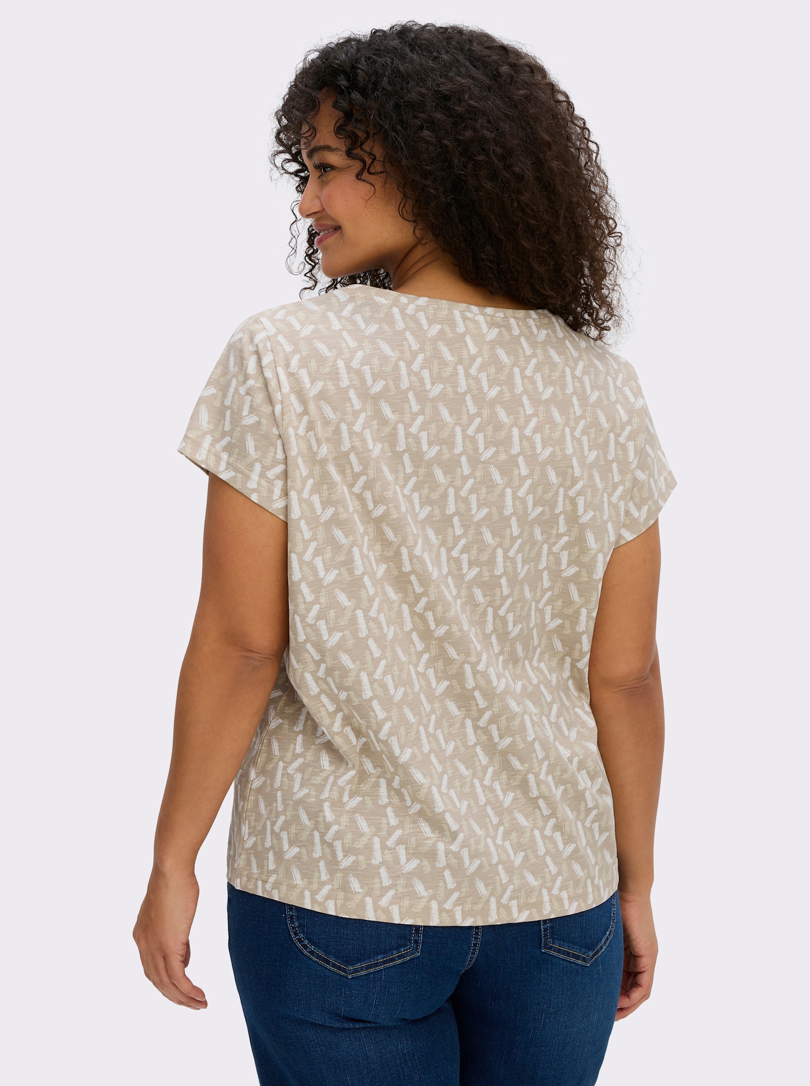 Rundhalsshirt mit Flammgarn-Struktur - beige-ecru-bedruckt