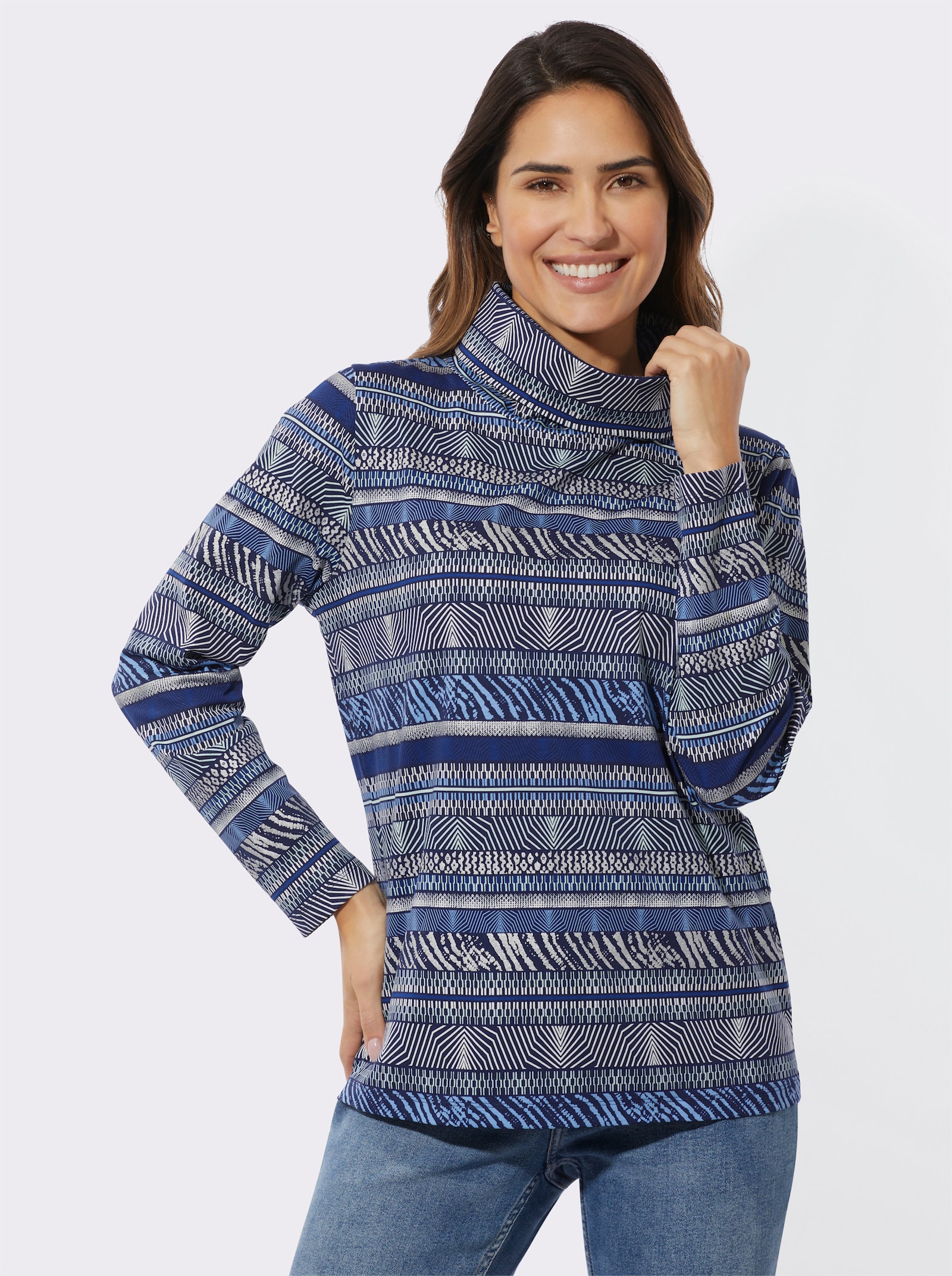 Shirt met rolkraag en folieprint - ecru/hemels blauw bedrukt