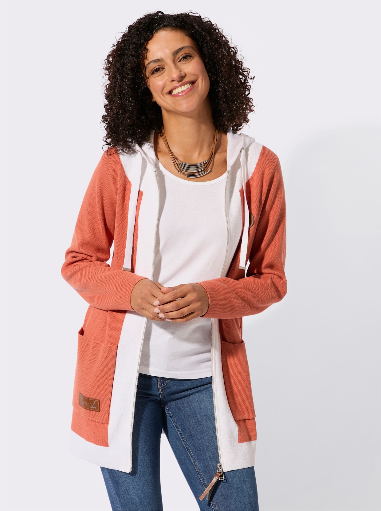 Longstrickjacke - papaya-ecru