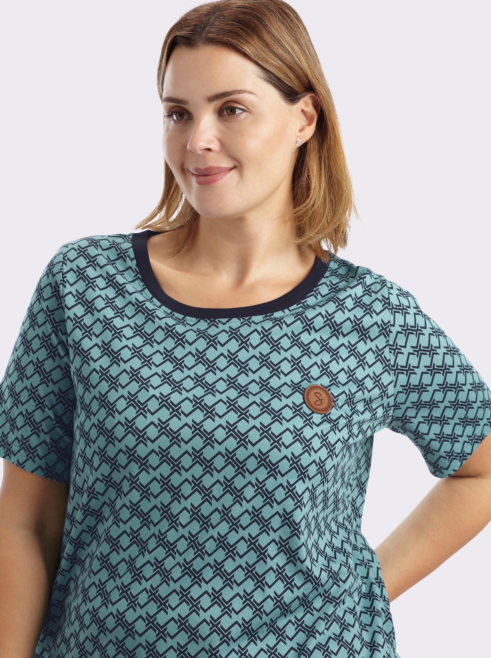 sheego Shirt mit Grafikprint und Gummizug am Saum - ozean-tiefblau-bedruckt