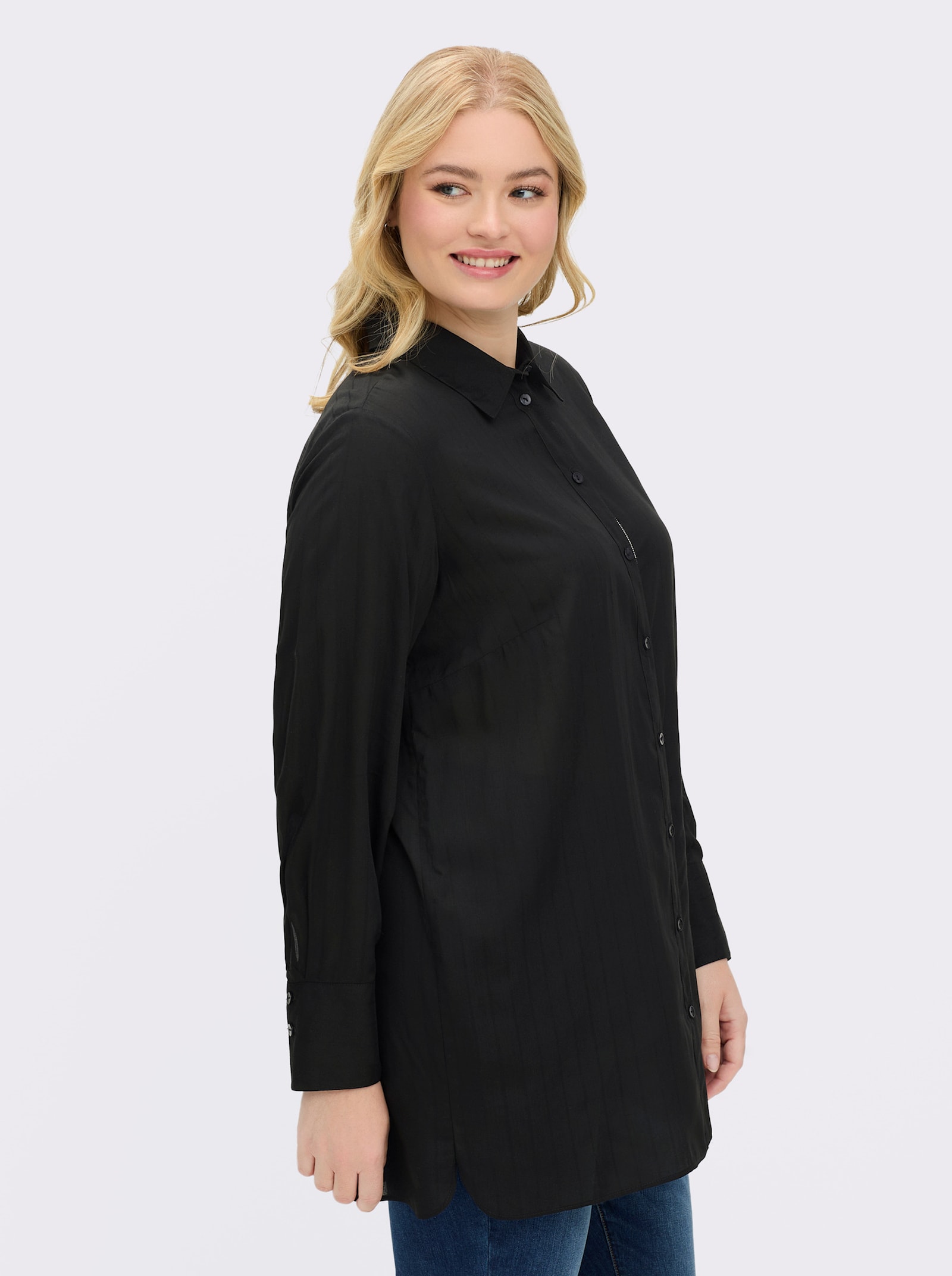 sheego Overhemdblouse met strepen en met band van glansgaren - zwart gestreept