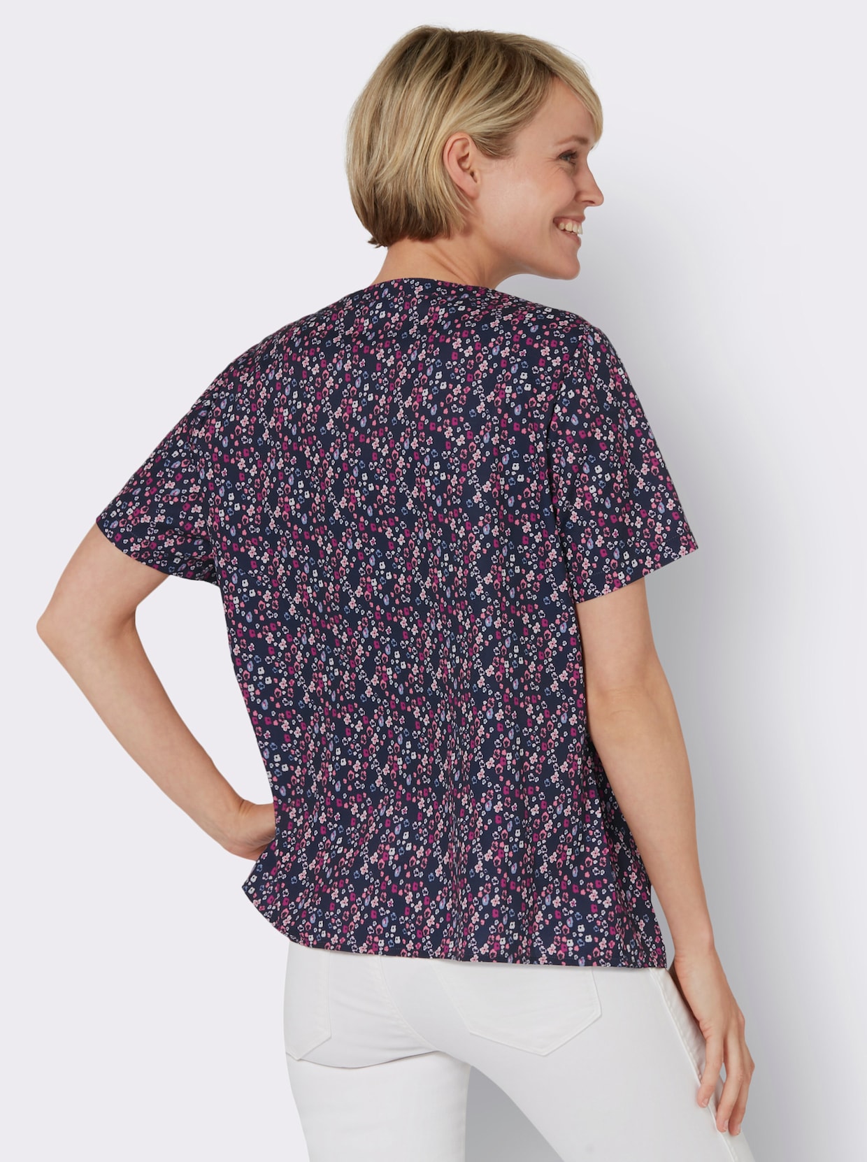 Comfortabele blouse - marine/koraal bedrukt