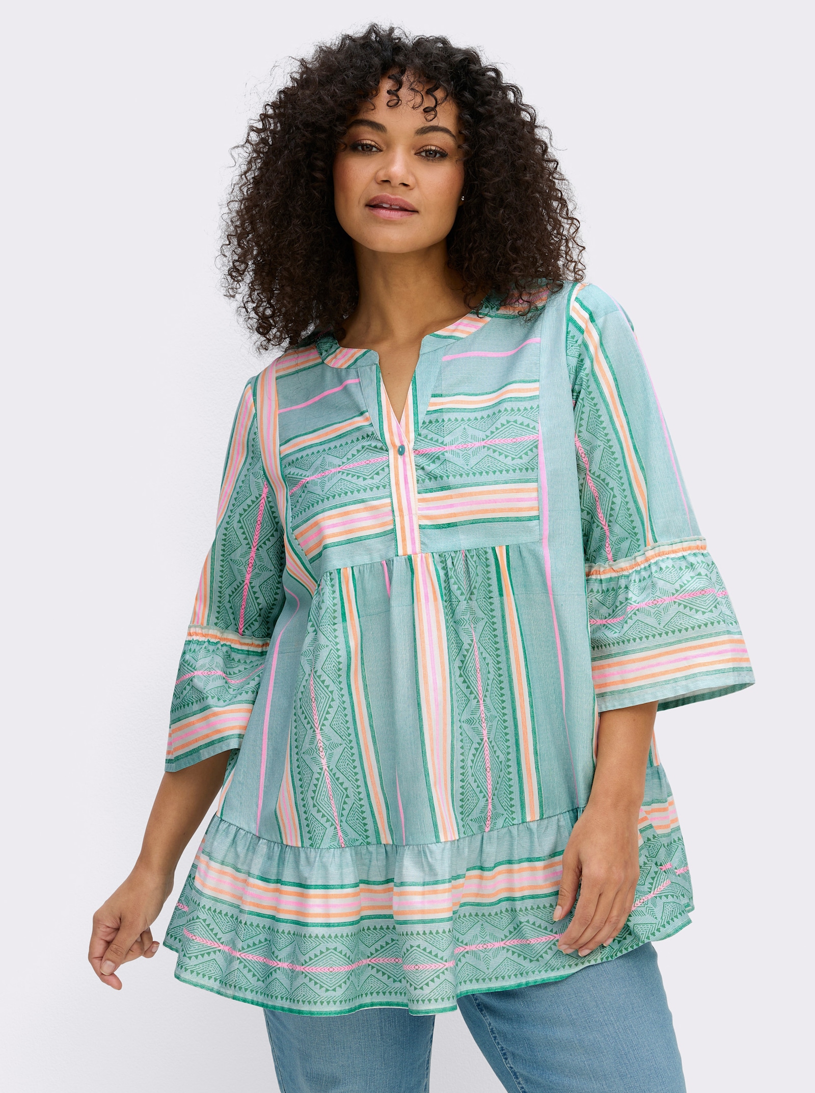 sheego by Joe Browns Tunika im Streifen-Mix, mit Volants - kalkmint-hummer-gemustert