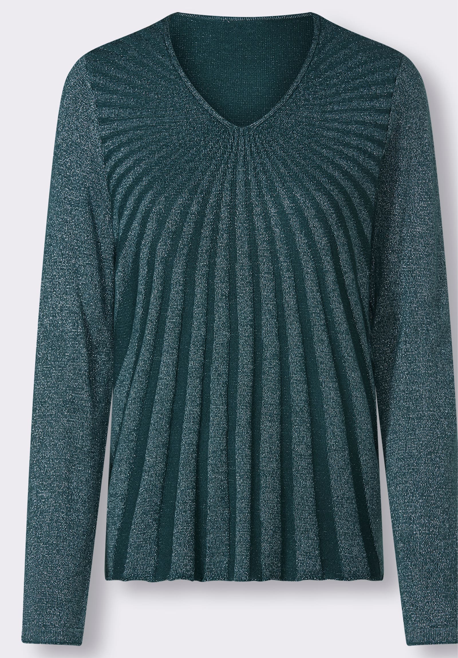 V-Ausschnitt-Pullover mit Glanzgarn - petrol-silberfarben