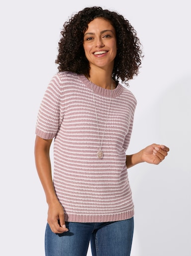 Kurzarmpullover - mauve-ecru-geringelt