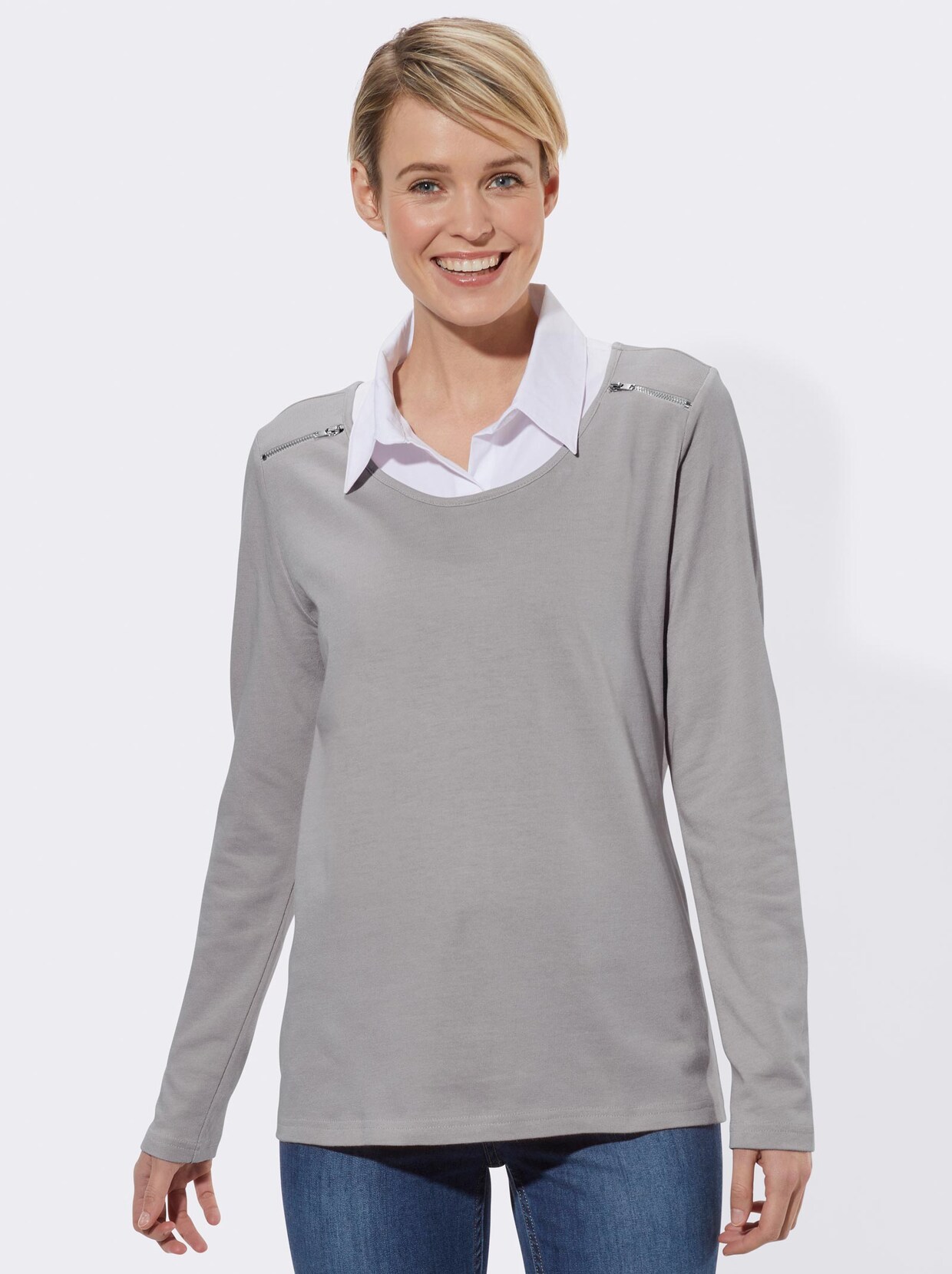 2-in-1-Langarmshirt - hellgrau