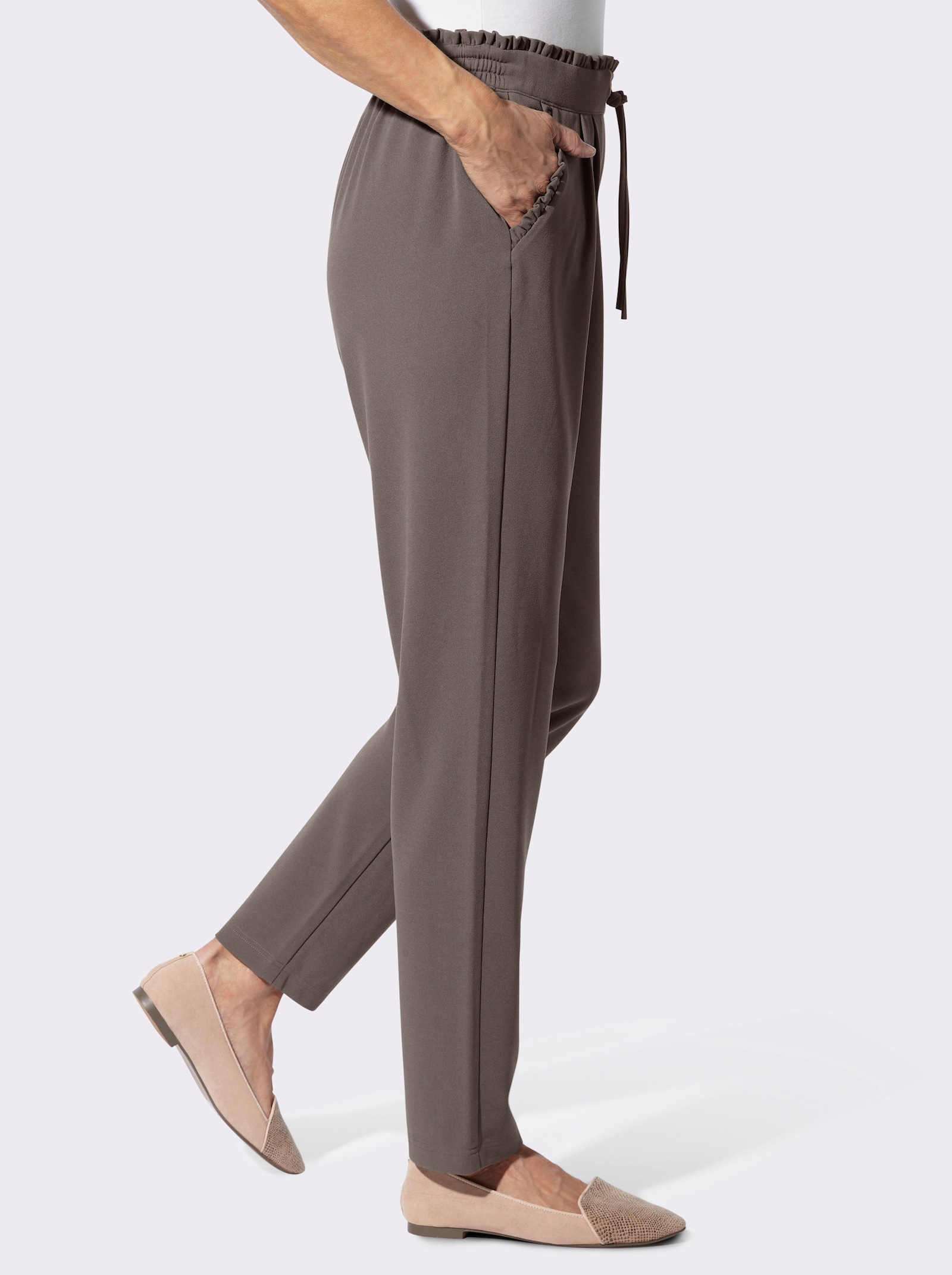 Jerseyhose mit Rüschen am Dehnbund - dunkeltaupe