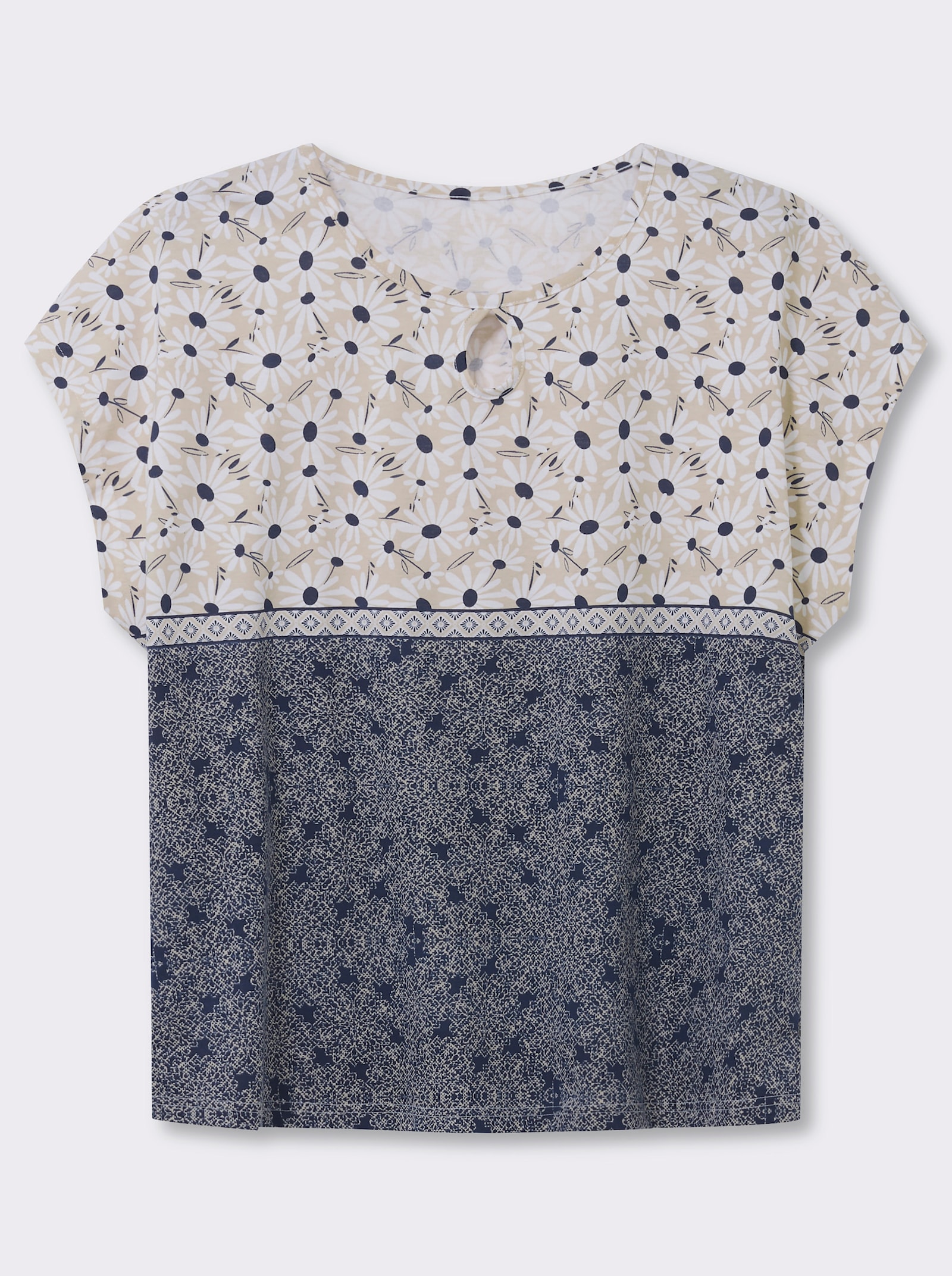 Kurzarmshirt mit Tropfen-Ausschnitt - weiß-marine-bedruckt