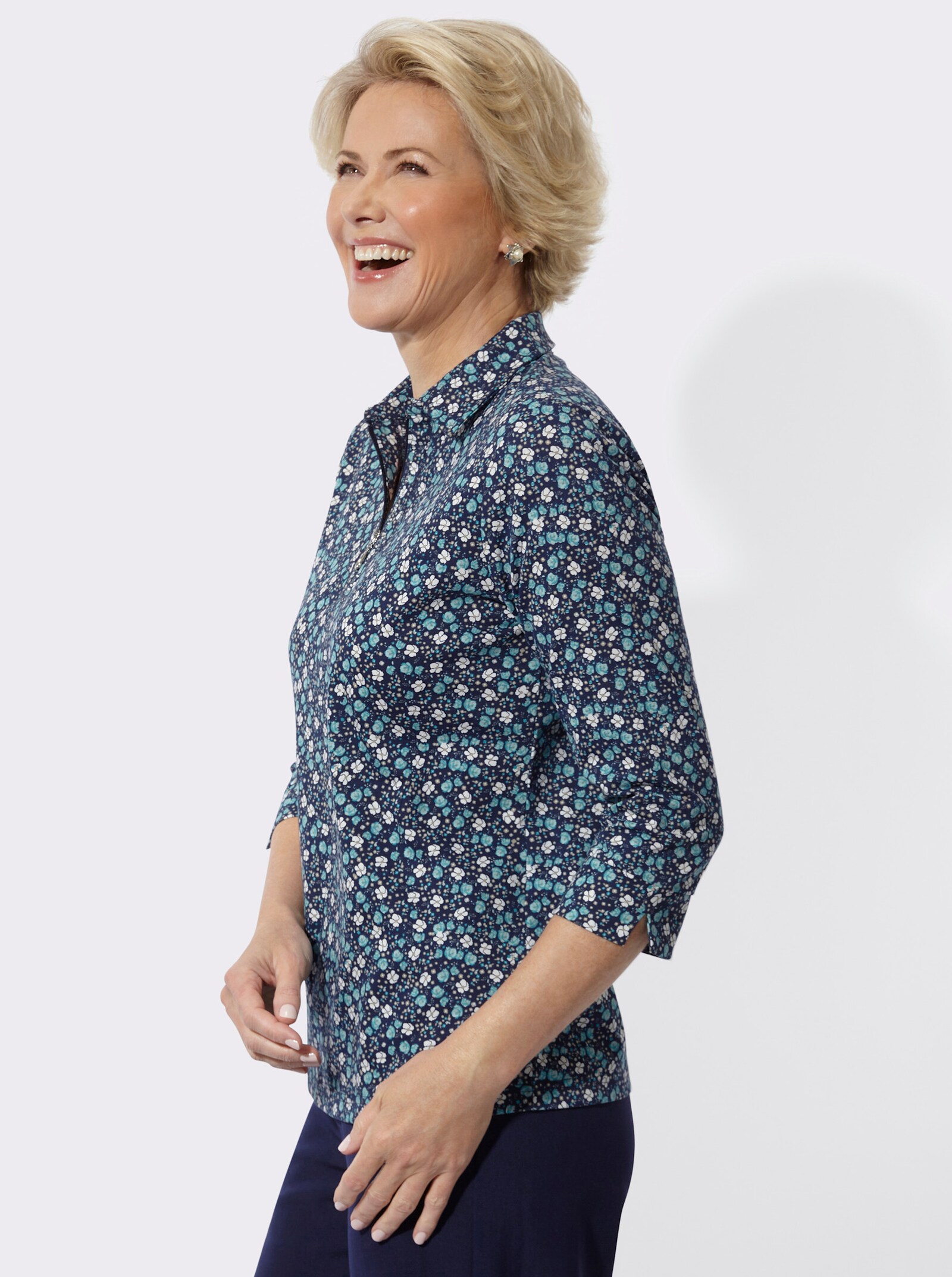 Poloshirt mit Glitzersteinchen - marine-türkis-bedruckt