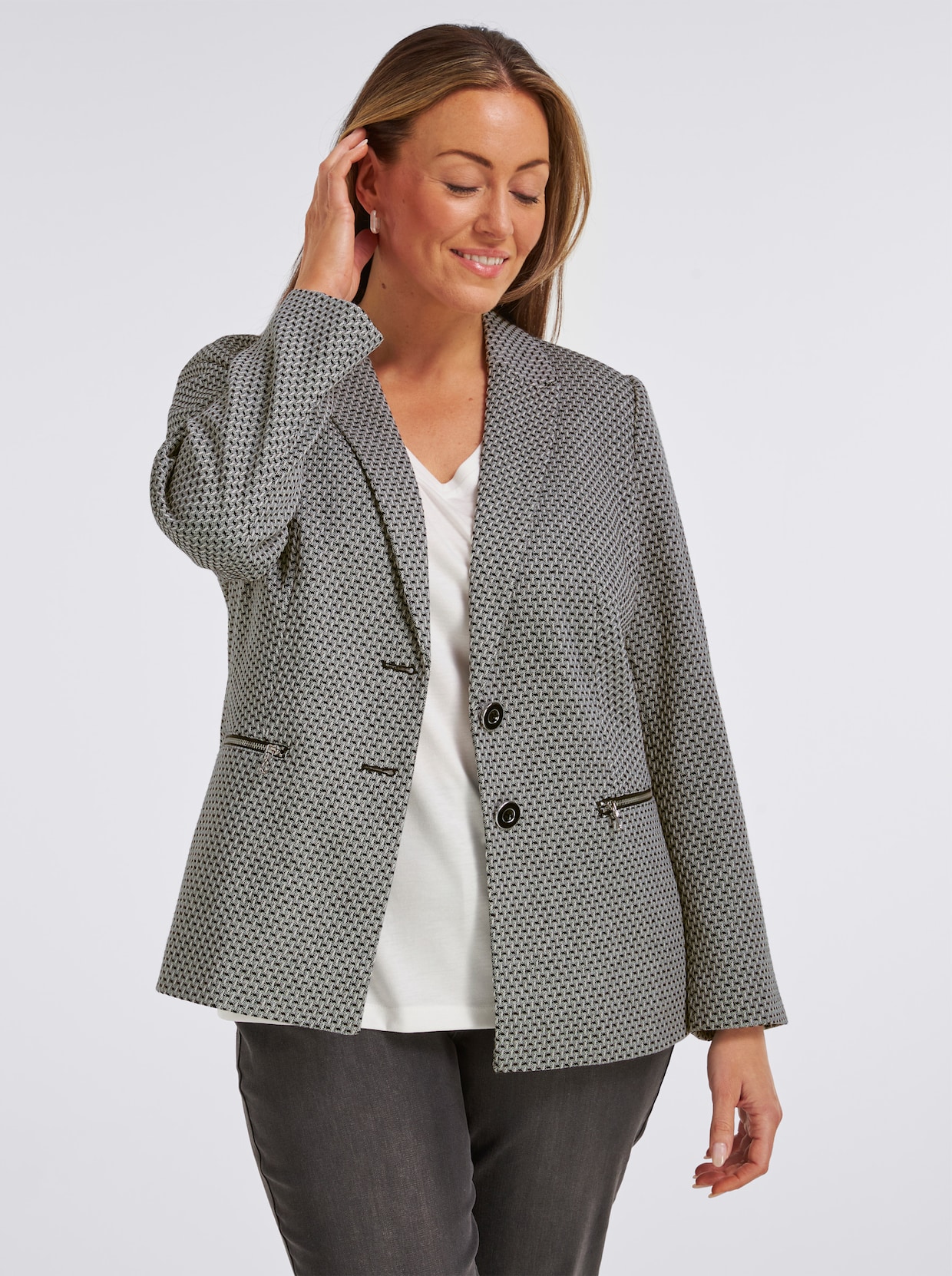 Jacquardblazer mit Reißverschluss-Taschen - ecru-schwarz-gemustert