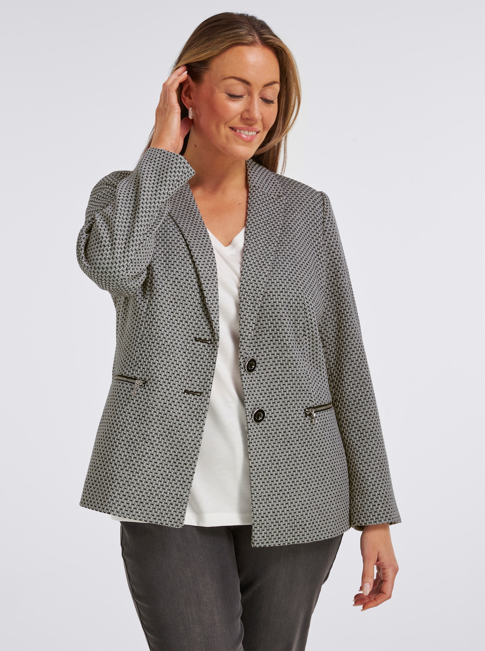 Jacquardblazer mit Reißverschluss-Taschen - ecru-schwarz-gemustert