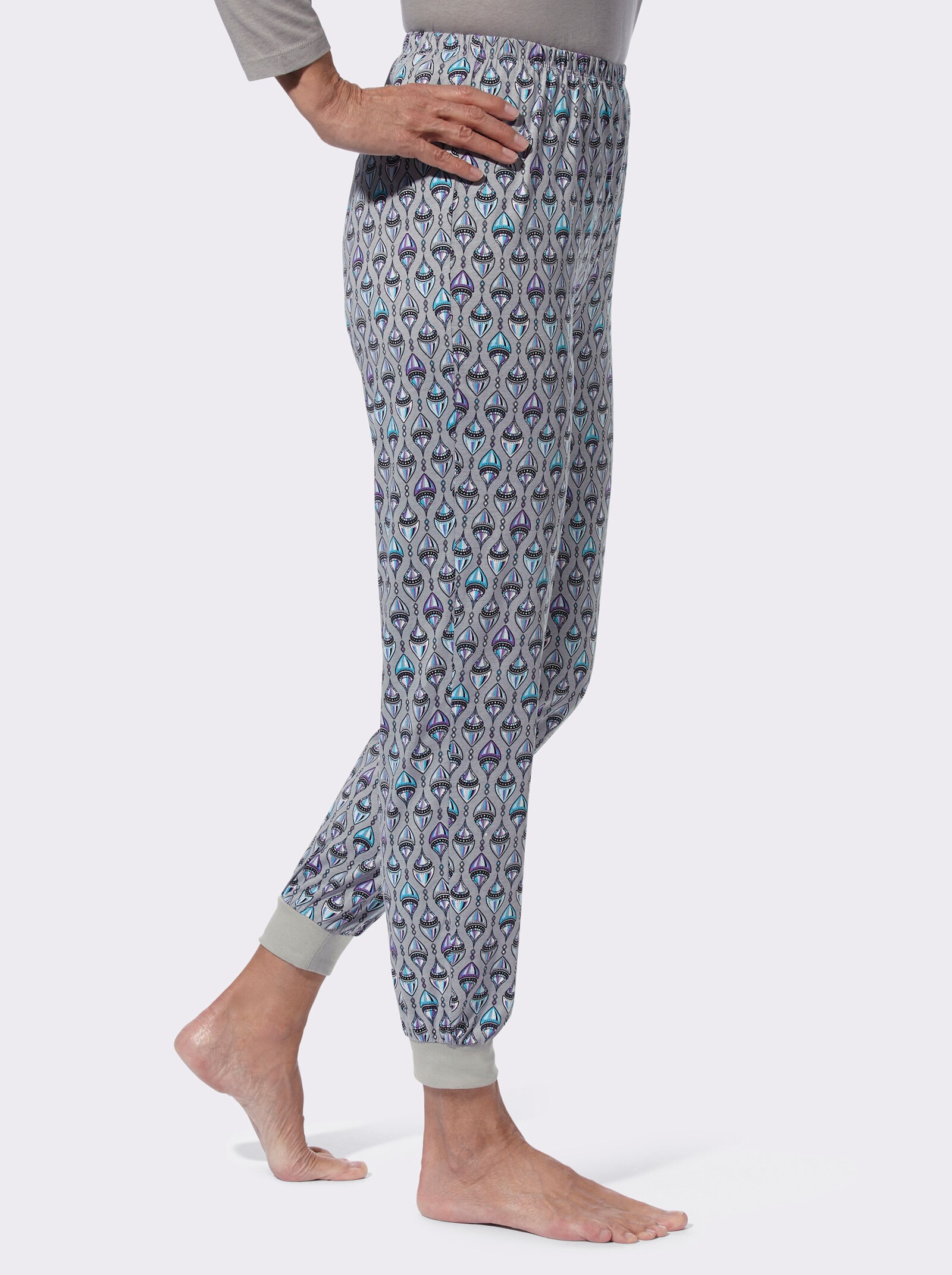 Schlafanzughose mit einfarbigen Bündchen - steingrau-bedruckt