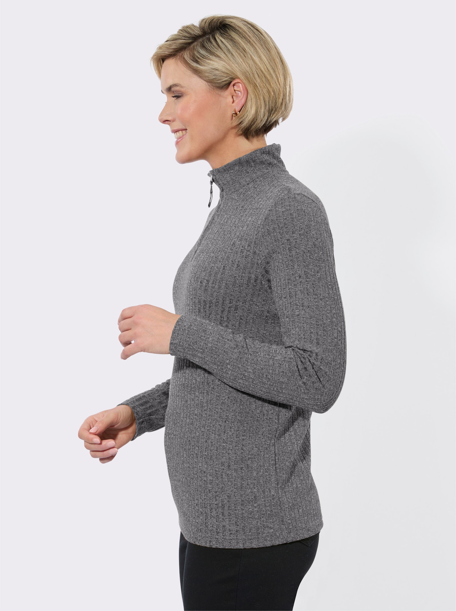 Rippshirt mit Troyerkragen - steingrau-meliert