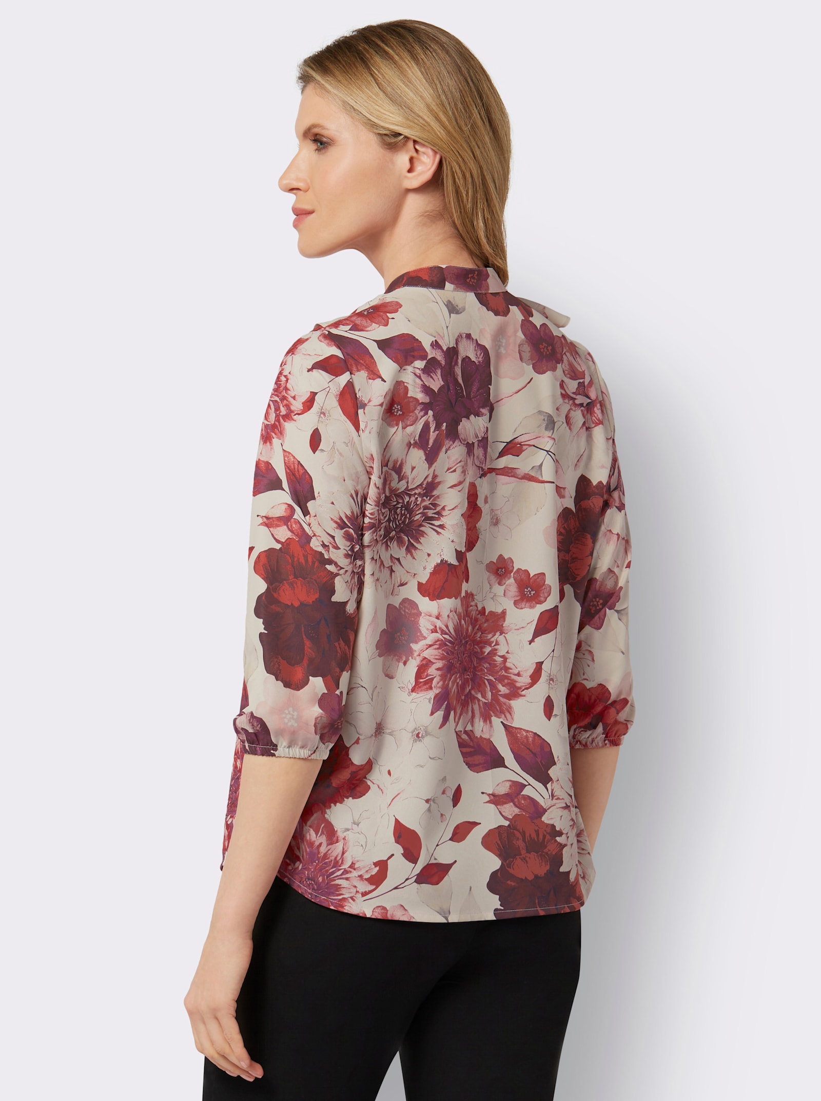 Comfortblouse met volant bij de hals - champagne/bordeaux bedrukt