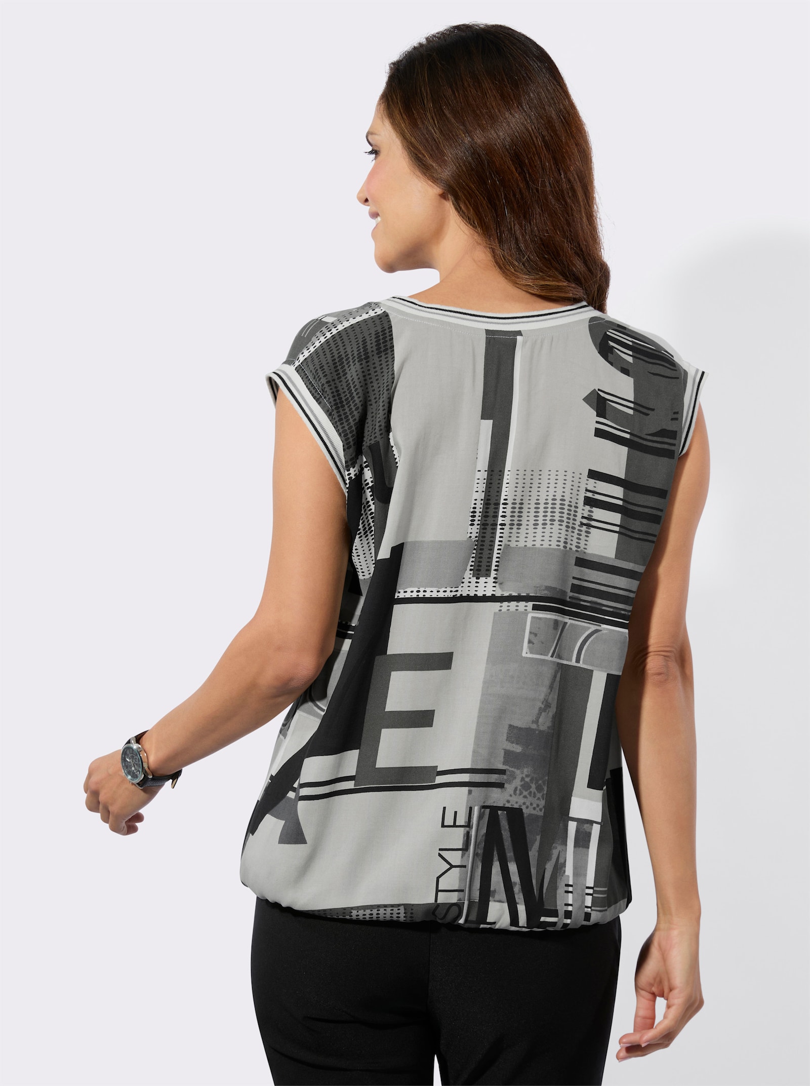 Blusentop mit gestreiften Bündchen - schwarz-ecru-bedruckt