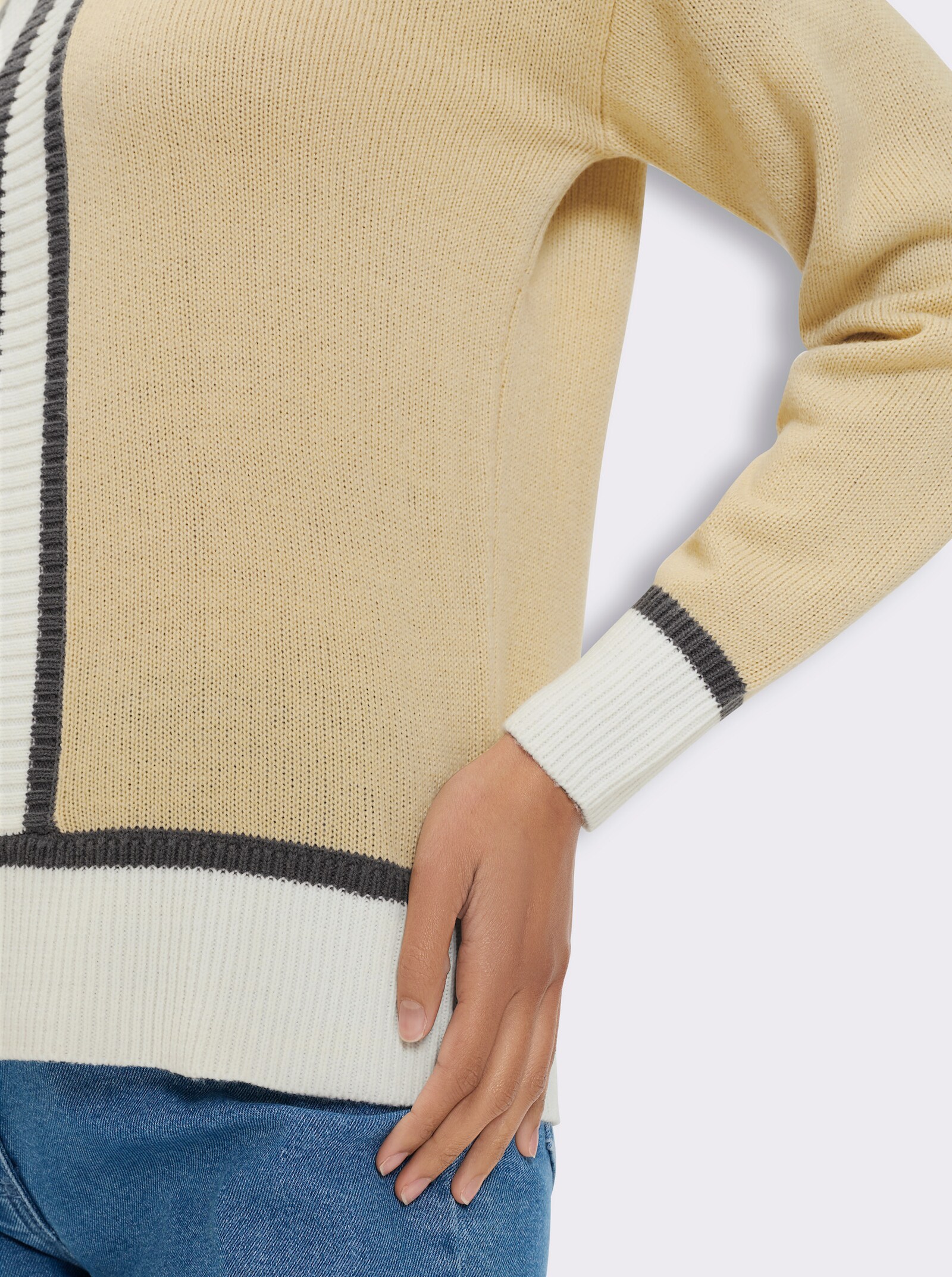 Langarm-Pullover mit Kontrastverarbeitung - sand-ecru