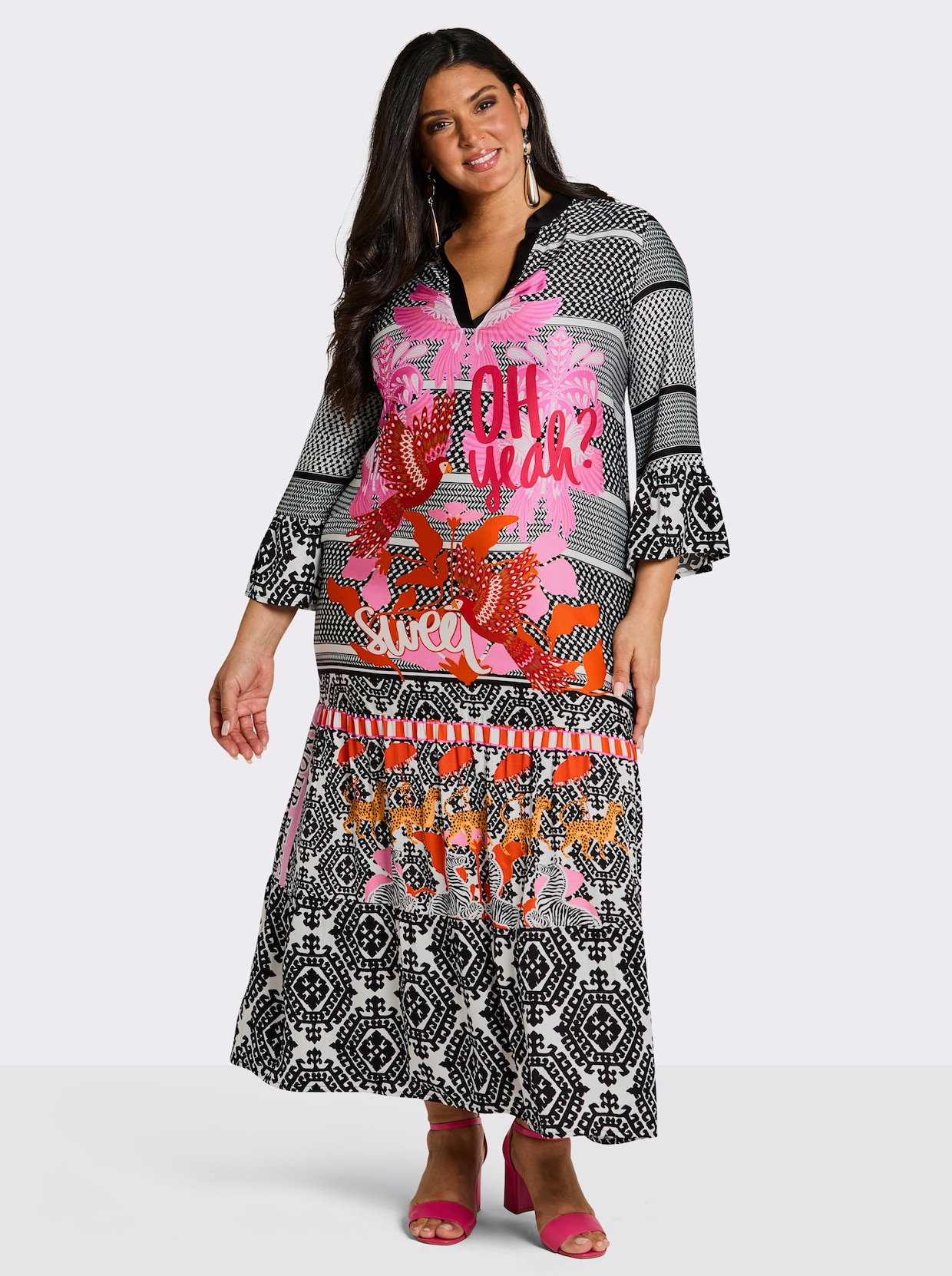 sheego loves miss goodlife Volantkleid im Mustermix - schwarz-pink-bedruckt