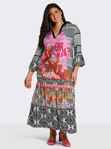 sheego loves miss goodlife Volantkleid im Mustermix - schwarz-pink-bedruckt